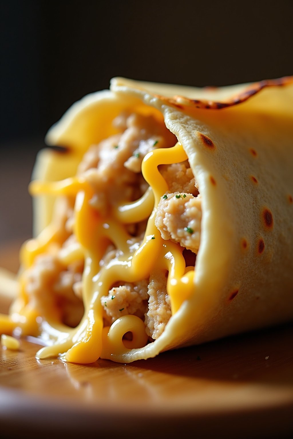 Close-up of a cheesy garlic chicken wrap being pulled apart showing melted mozzarella and cheddar cheese stretching with shredded seasoned chicken visible inside, golden crispy tortilla exterior wi...