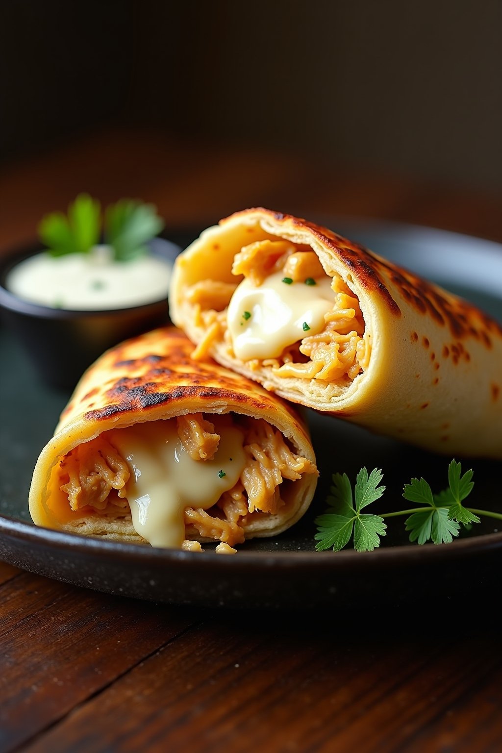 Two cheesy garlic chicken wraps sliced in half diagonally on a dark plate, showing the cross-section of seasoned shredded chicken and melted stretchy cheese inside a golden crispy tortilla shell, g...