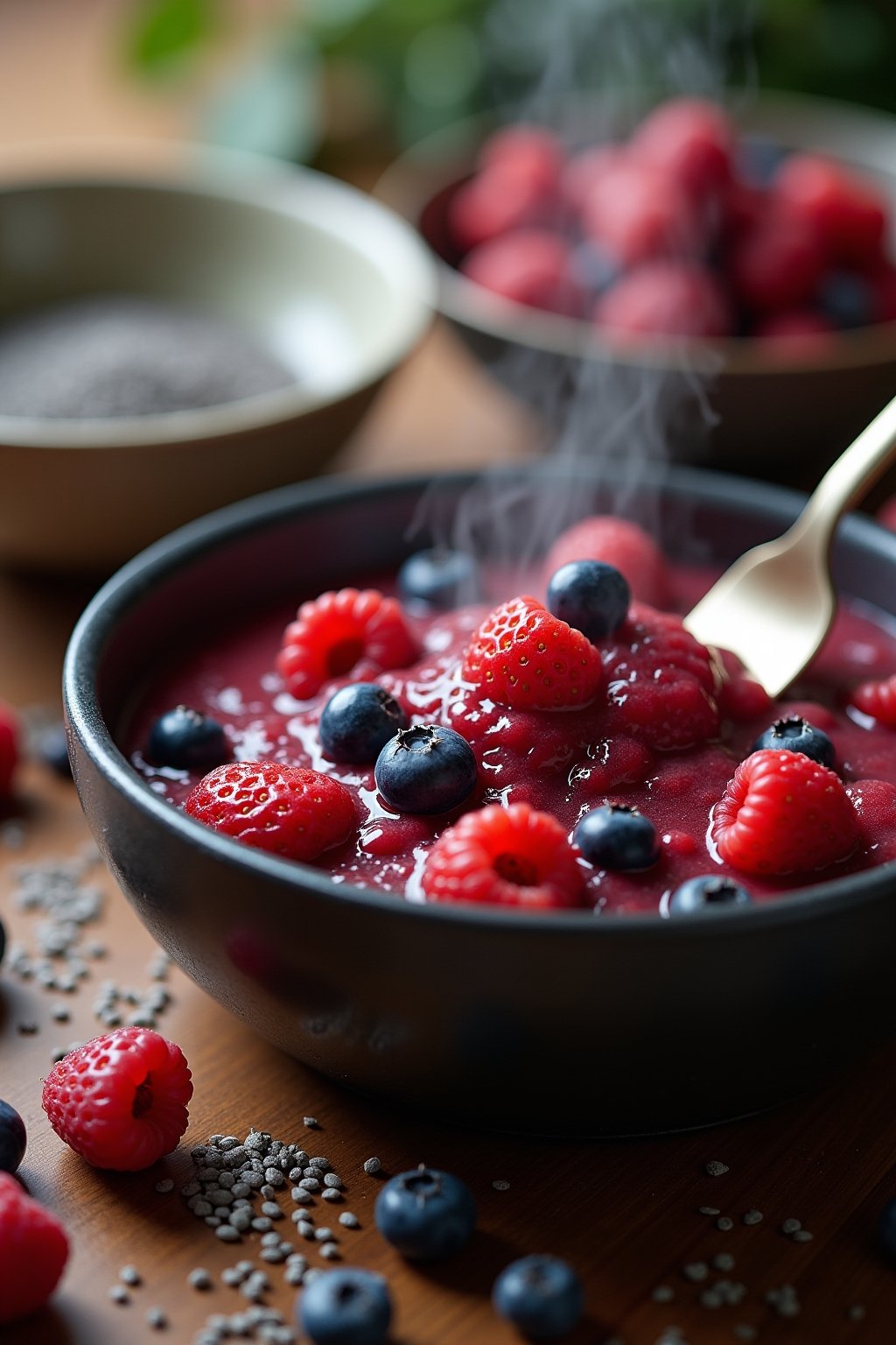 A close-up of fresh berries being mashed with a fork in a small saucepan, the berries are a mix of strawberries, blueberries, and raspberries breaking down with juice bubbling, a small bowl of chia...