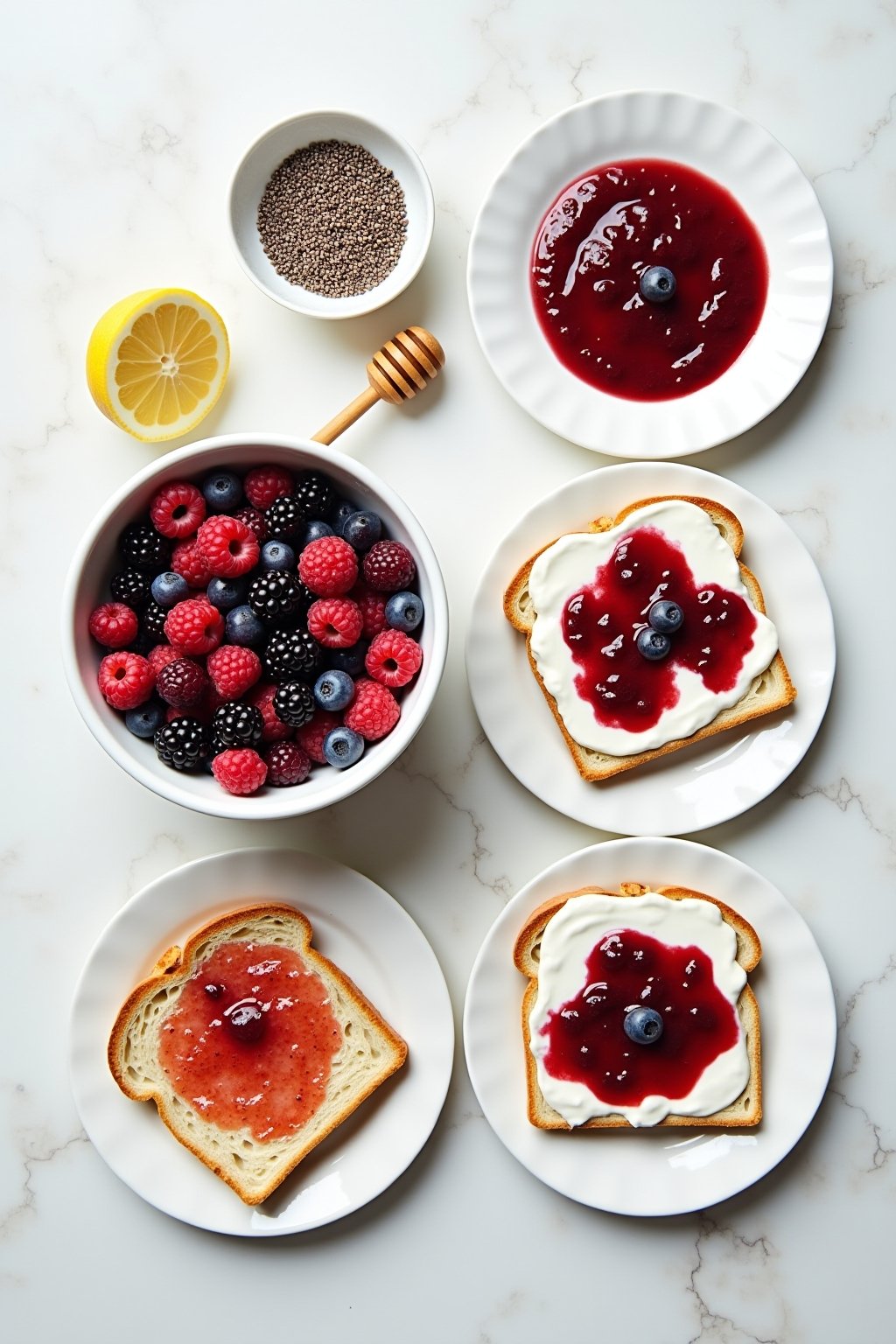 Overhead flat lay of chia berry jam ingredients and serving options: a bowl of mixed fresh berries, a small dish of chia seeds, a halved lemon, a honey dipper on a small plate, plus three finished ...