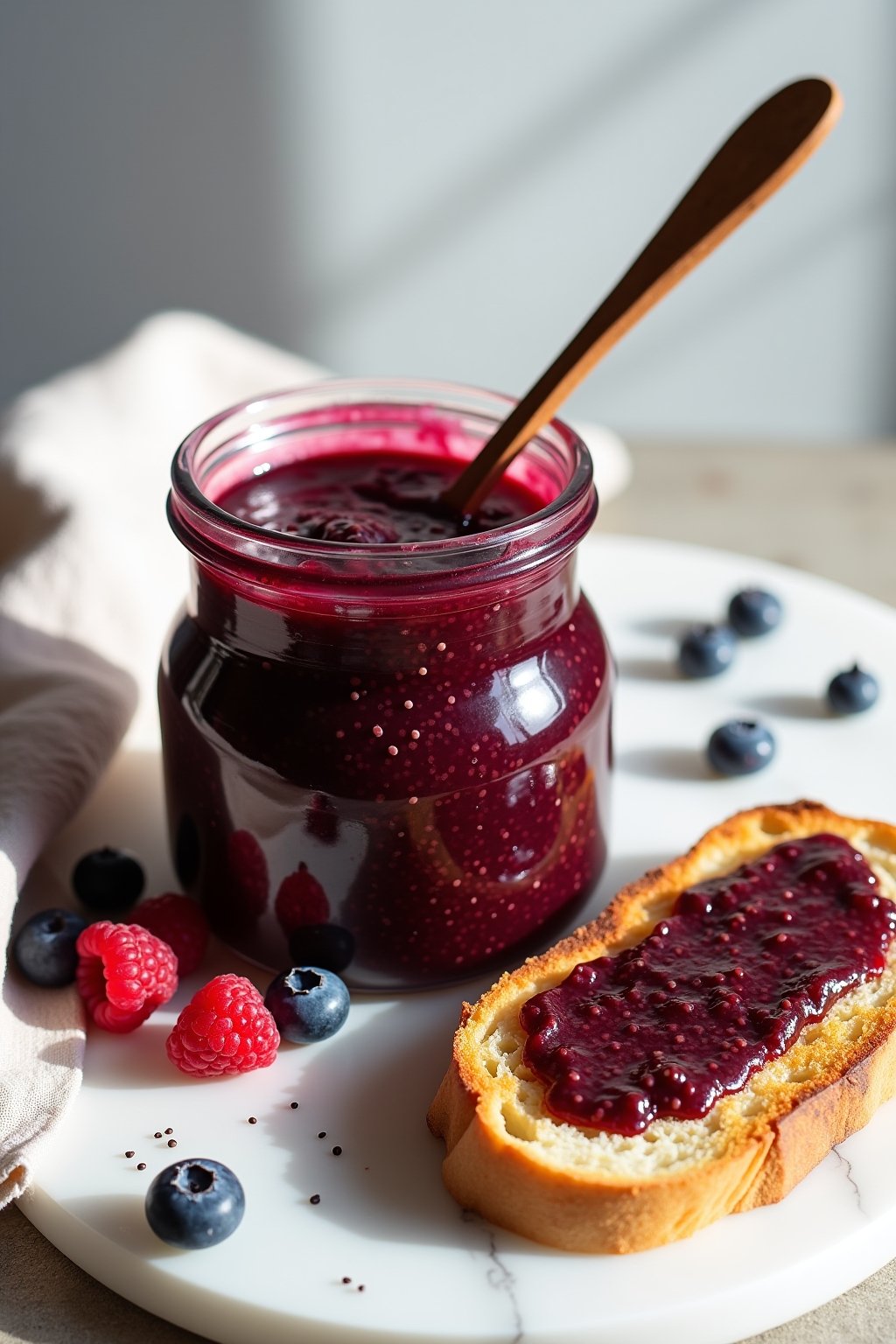 A glass jar of thick homemade chia berry jam with visible chia seeds throughout a deep purple-red jam, a small wooden spoon resting in the jar, a piece of golden toast spread thickly with the chia ...