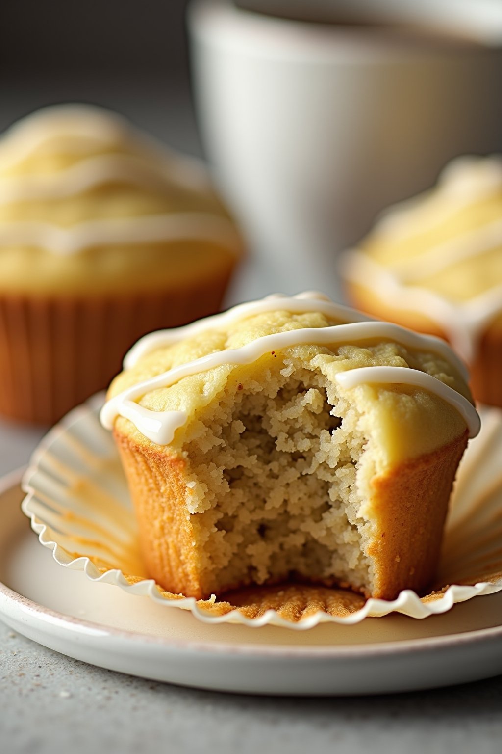 A close-up of a single chia seed lemon muffin with a bite taken from it, showing the moist fluffy interior with visible chia seeds and a golden crumb, the top has a glossy lemon glaze drizzle, the ...