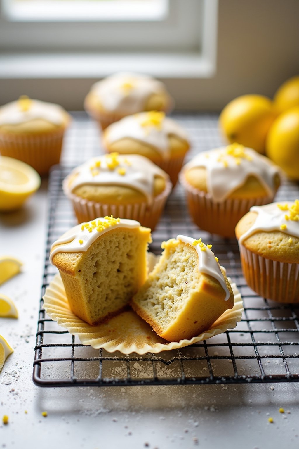 A cooling rack with six beautiful golden chia seed lemon muffins, each topped with a white lemon glaze drizzle and tiny flecks of yellow lemon zest, one muffin broken in half showing the fluffy ten...