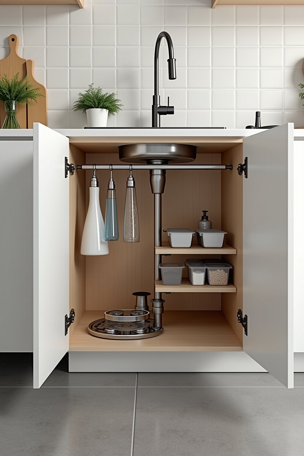 Wide shot of an open kitchen cabinet under the sink showing a perfectly organized space with tension rod holding spray bottle