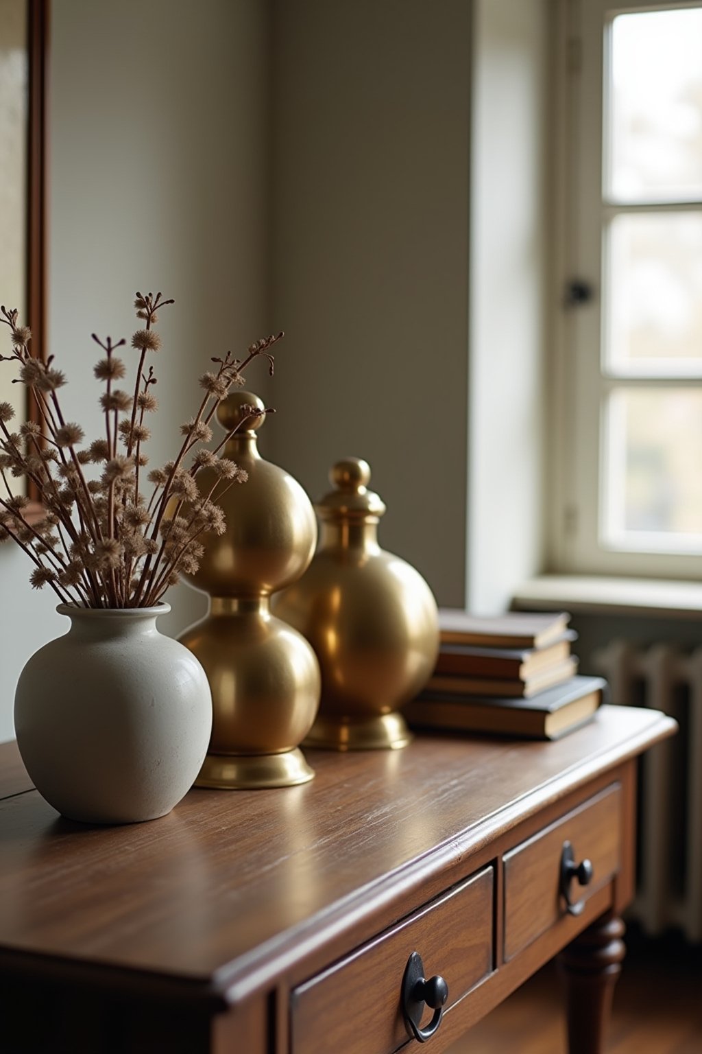 Close-up of a styled vignette on a vintage wooden console table showing three different vintage brass objects grouped together