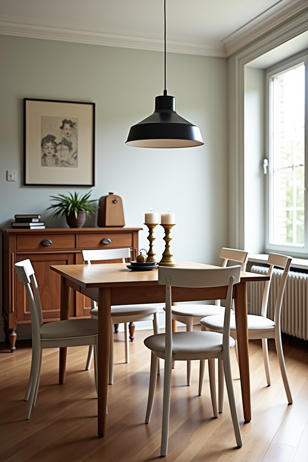 A dining room with a modern wood table surrounded by four different vintage chairs all painted warm white