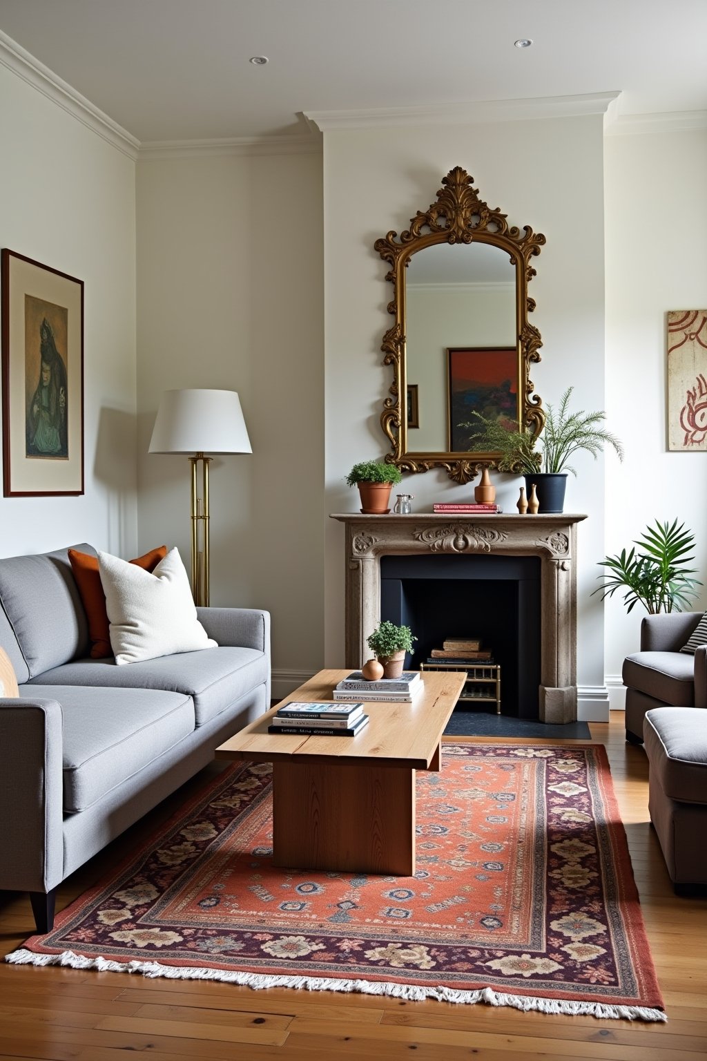 A beautifully collected living room with a modern gray linen sofa