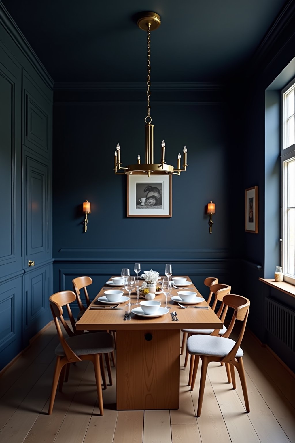 A dramatic dining room with deep navy blue painted walls and ceiling