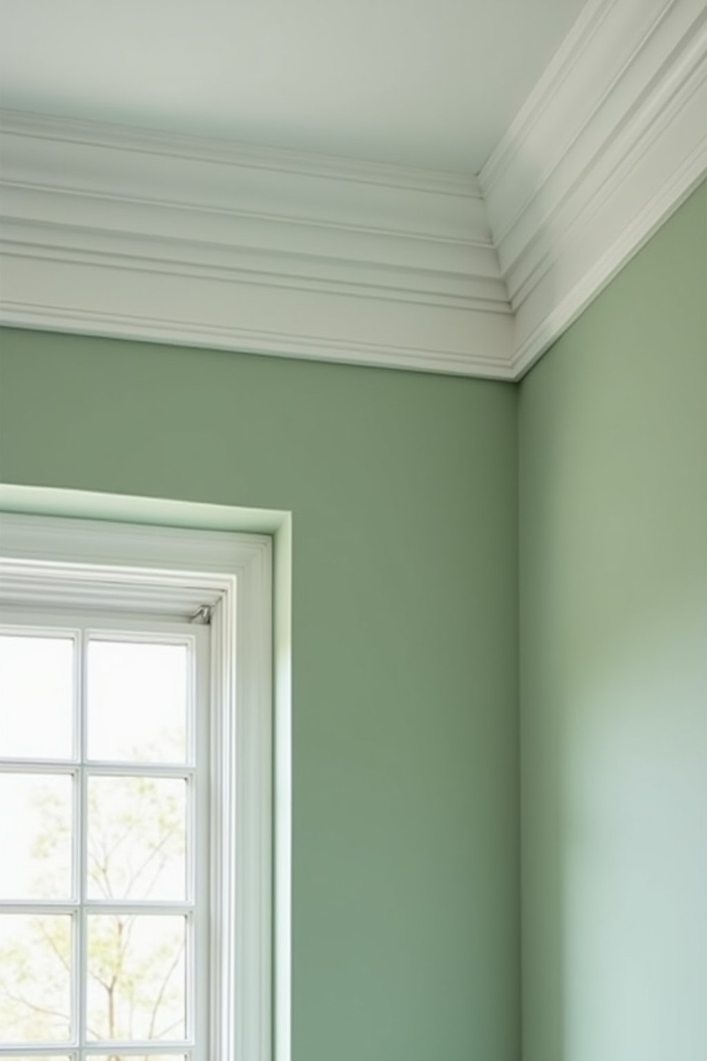 Close-up of a wall-ceiling junction showing seamless sage green paint transition from wall to ceiling with crisp white crown molding trim