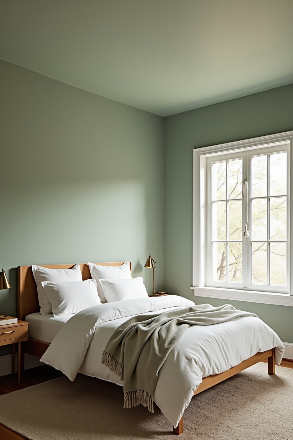 A cozy bedroom with soft sage green walls and ceiling painted the same color creating an immersive cocoon effect