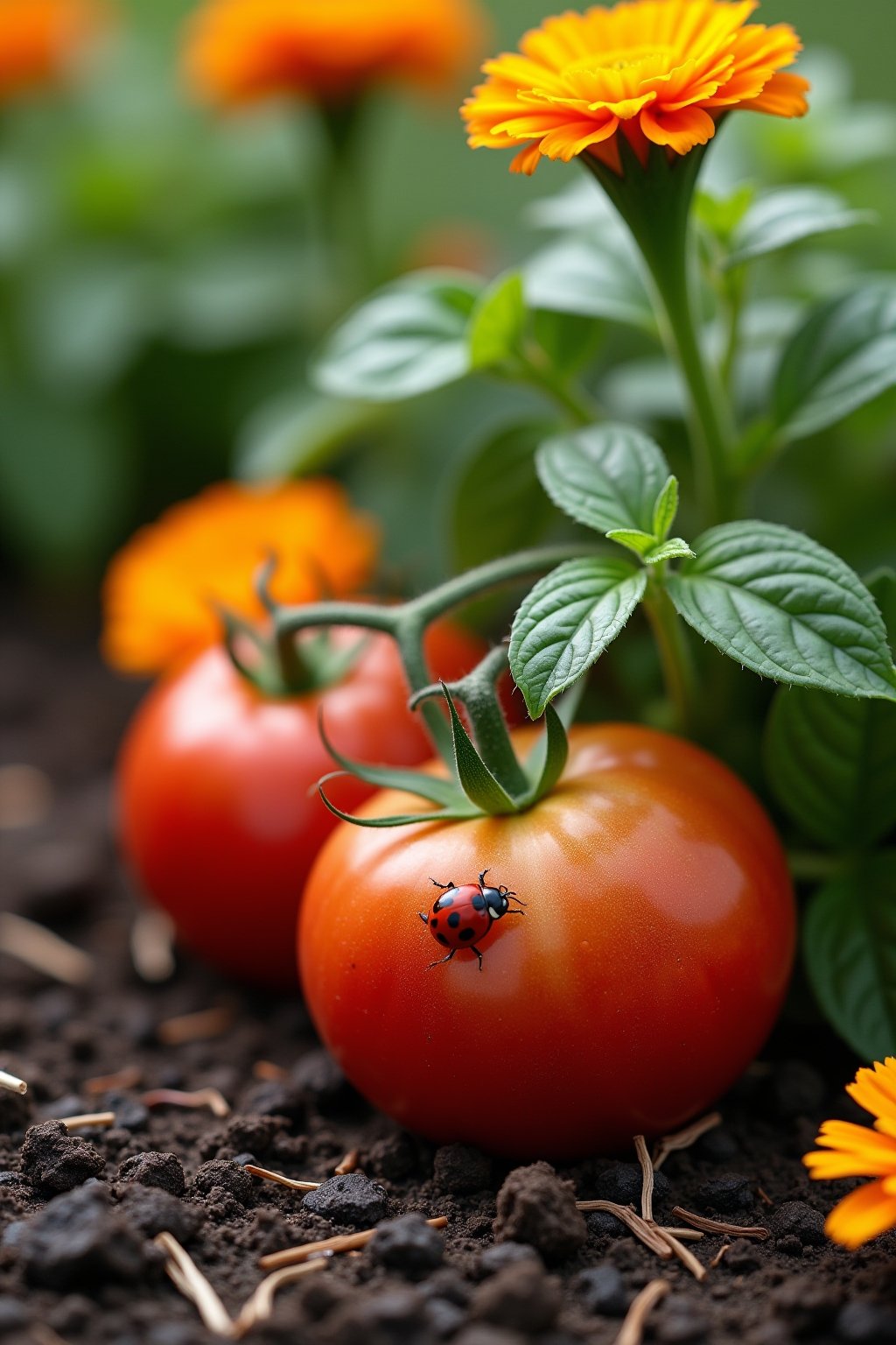 Close-up a tomato plant growing next to blooming basil and french marigolds in a garden bed, the companion plants closely interplanted, a ladybug on one of the marigold petals, rich dark soil and s...