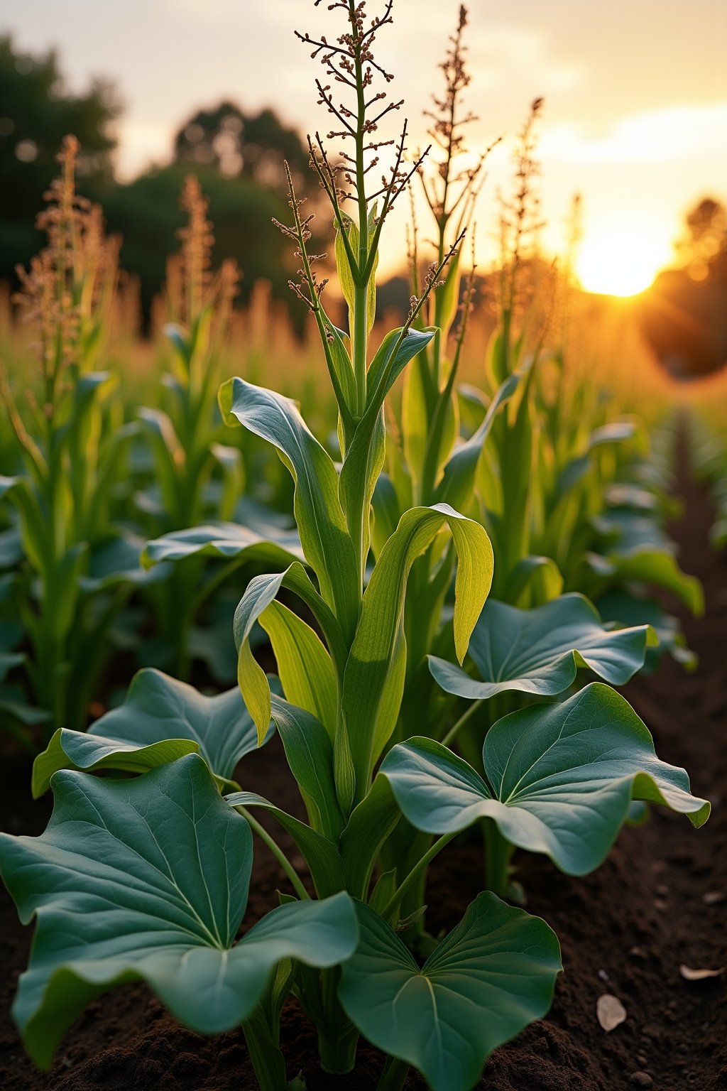 A wide view of a three sisters garden at golden hour showing corn stalks with bean vines climbing them and squash leaves spreading across the ground below, the three plants growing together in harm...