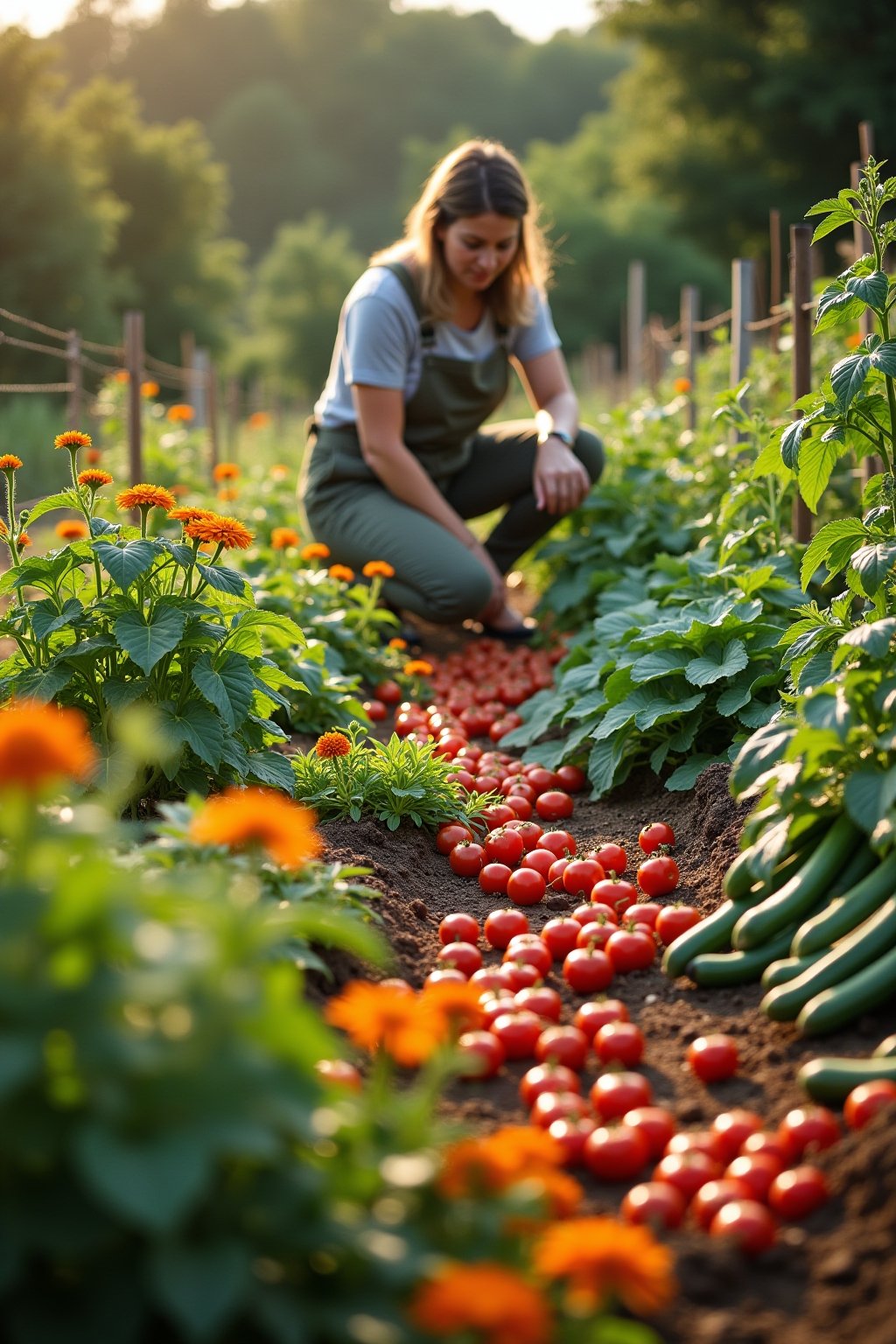 A beautiful companion-planted vegetable garden showing tomatoes growing with basil, marigolds along the borders, bean vines climbing corn stalks, squash sprawling between rows, nasturtiums with ora...
