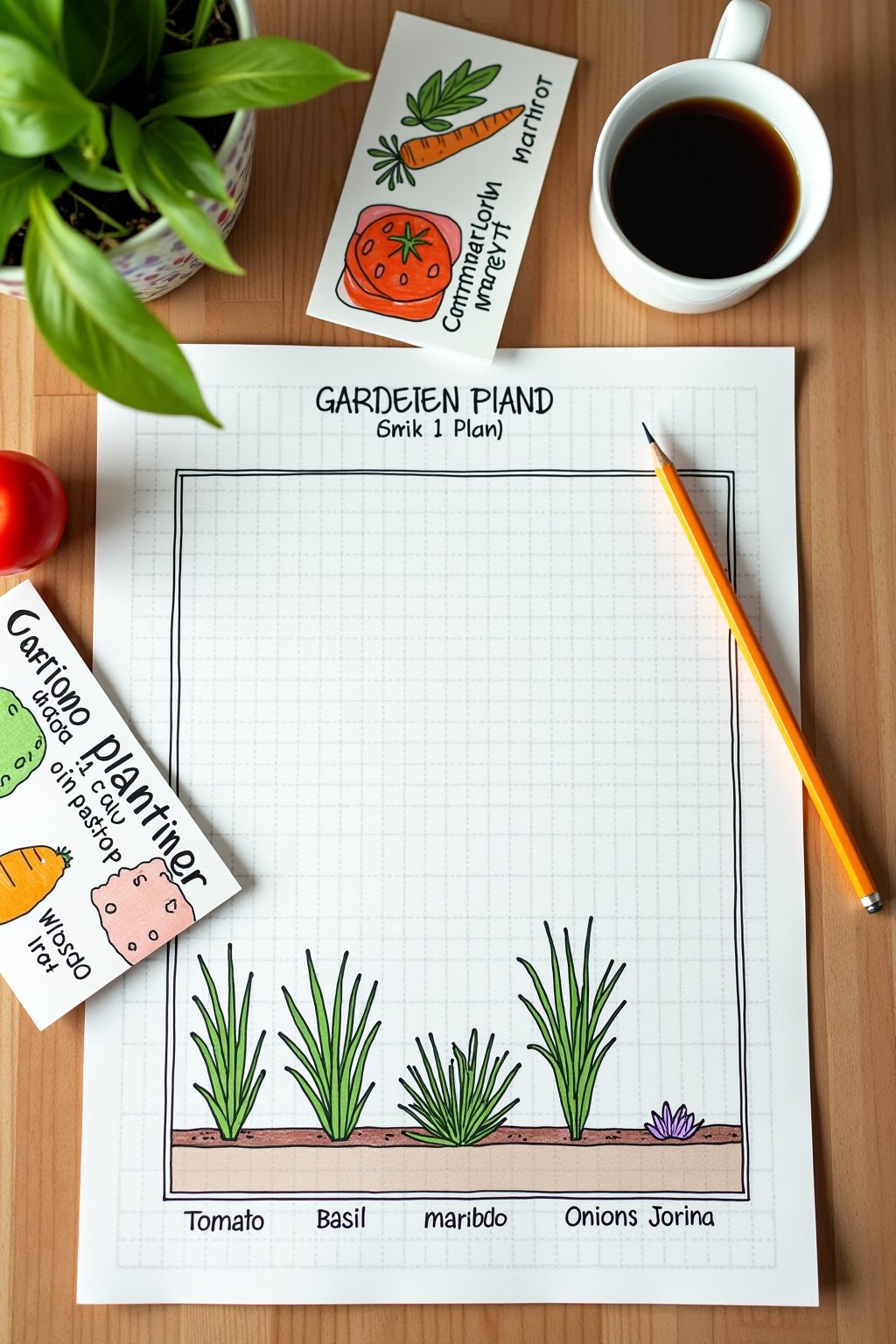 Overhead flat lay garden planning scene: a hand-drawn garden plan on graph paper showing companion planting zones, seed packets arranged around the plan (tomato, basil, marigold, carrot, onion), a ...