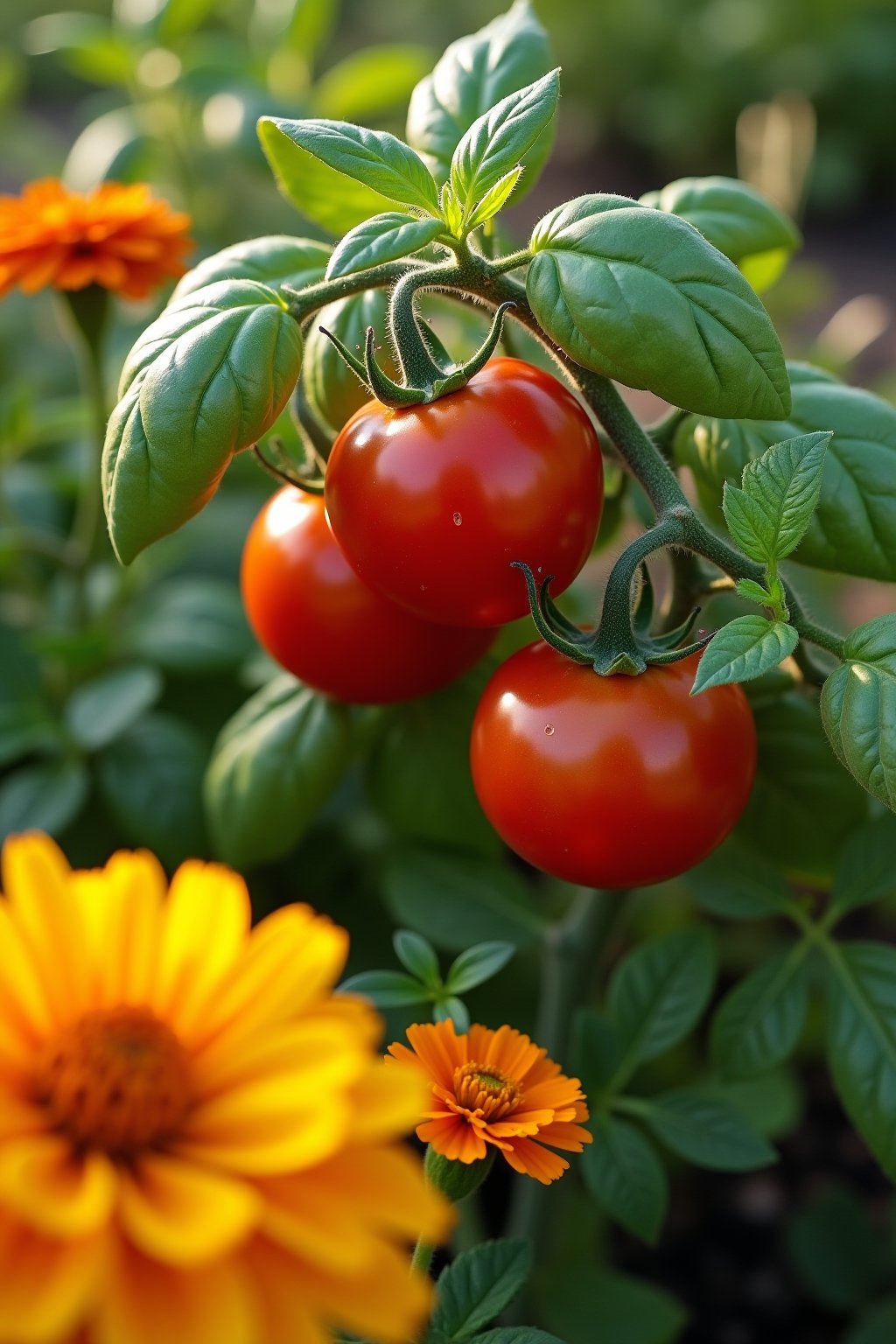 Close-up photograph of companion plants growing together: bright red tomatoes on the vine with basil plants growing at their feet, French marigold flowers blooming yellow and orange in the foregrou...