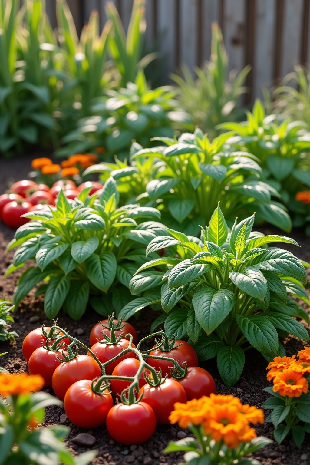 A thriving vegetable garden showing classic companion planting: tomato plants growing next to basil, bright orange marigolds bordering the beds, nasturtiums along the edges, corn and beans growing ...