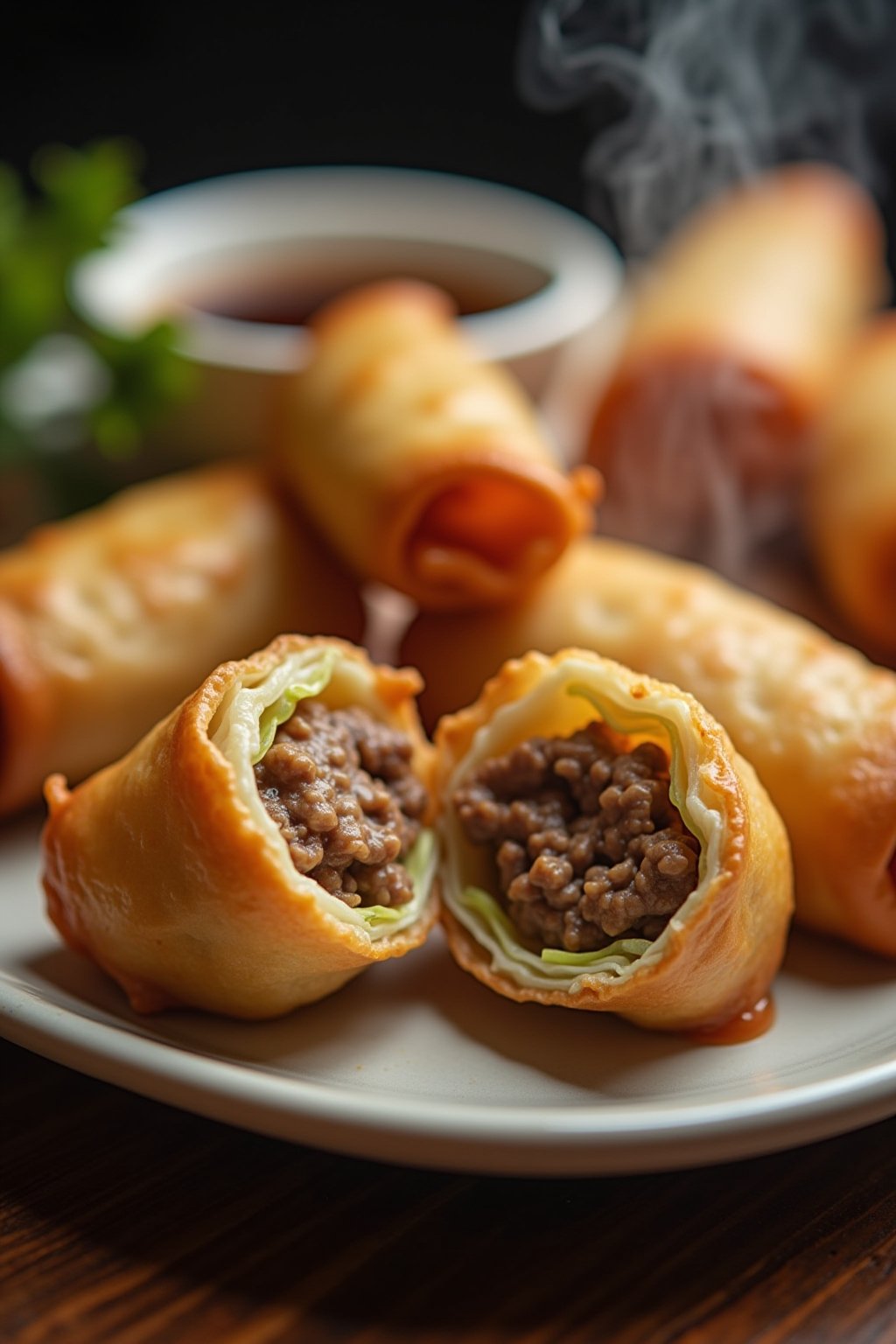 Close-up of a crispy air fryer egg roll broken in half showing the juicy pork and cabbage filling inside, golden crispy wrapper with visible layers and crunch, steam rising from the hot filling, mo...