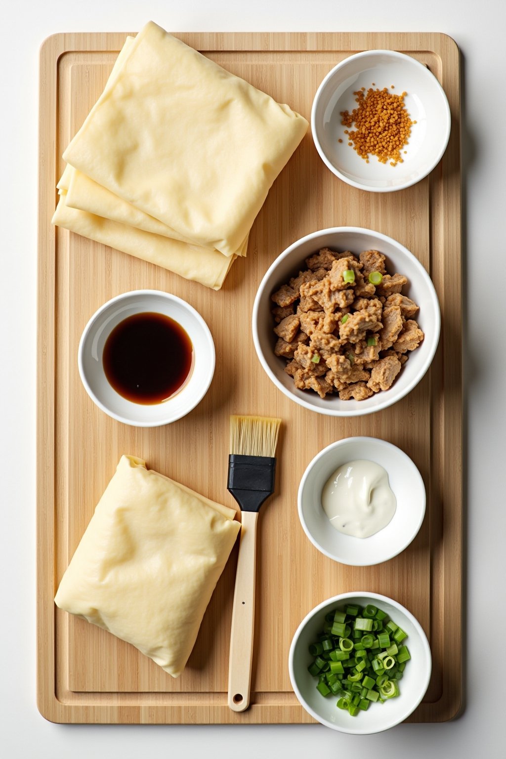 Overhead flat lay of egg roll assembly ingredients: a stack of egg roll wrappers, a bowl of cooked pork and cabbage filling, small bowls of soy sauce and sesame oil, grated ginger, minced garlic, s...