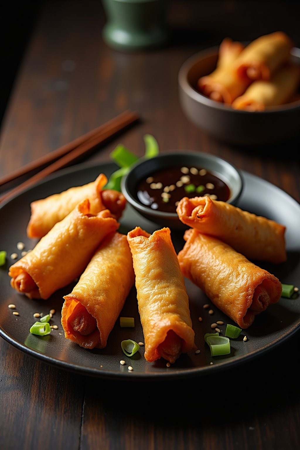 A plate of six golden crispy air fryer egg rolls arranged in a fan shape on a dark ceramic plate, perfectly golden brown and crunchy exterior with visible crispy texture, a small bowl of dark soy g...