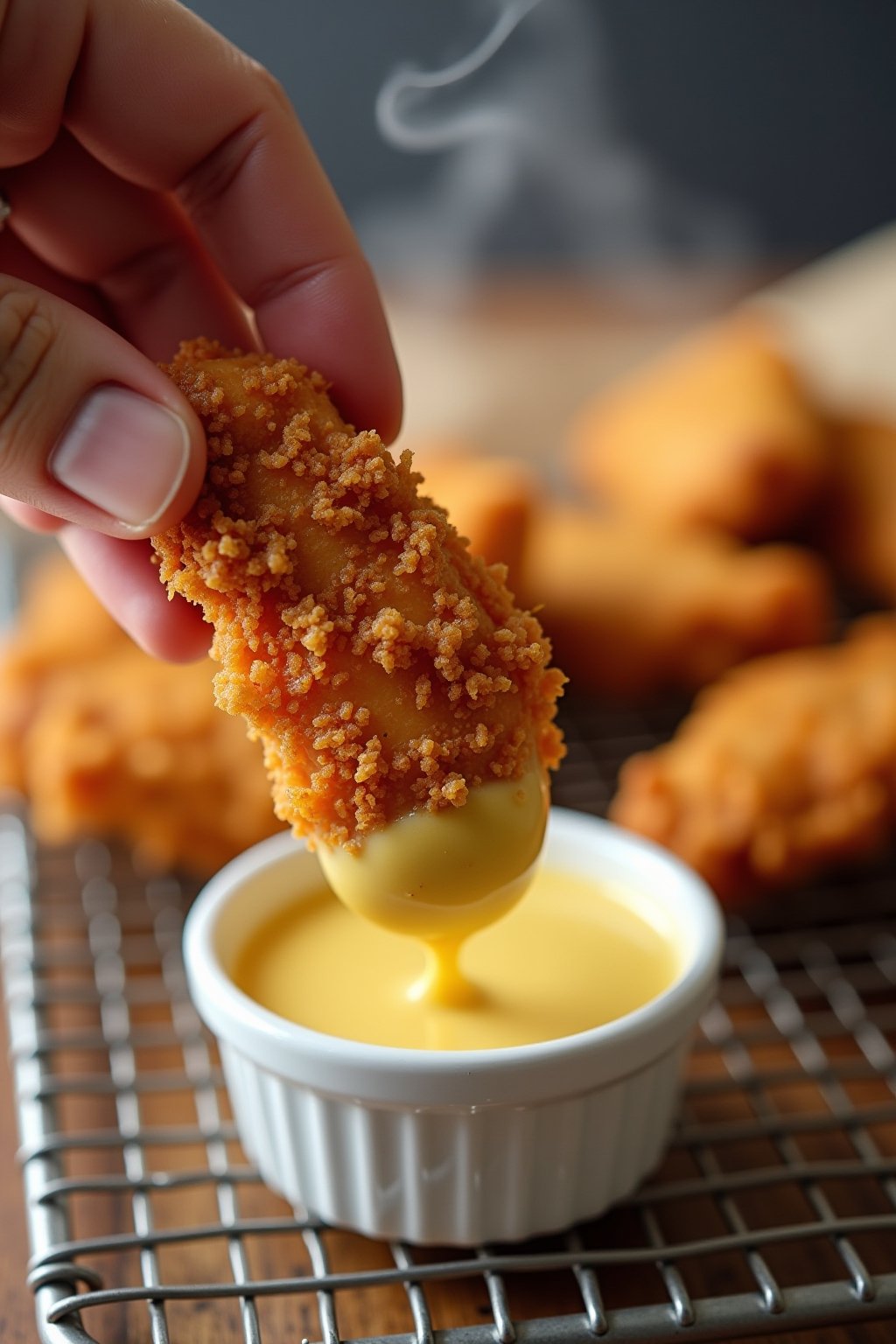 A close-up action shot of a hand dipping a crispy golden gluten-free chicken tender into a small bowl of honey mustard sauce, the crunchy cornflake coating visible in detail with golden brown textu...
