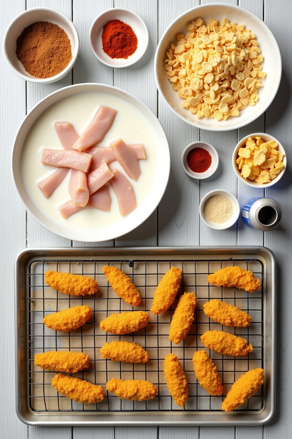 Overhead flat lay of a dredging station for gluten-free chicken tenders: a bowl of buttermilk with raw chicken strips soaking, a shallow dish of rice flour with spices, a dish of crushed golden cor...