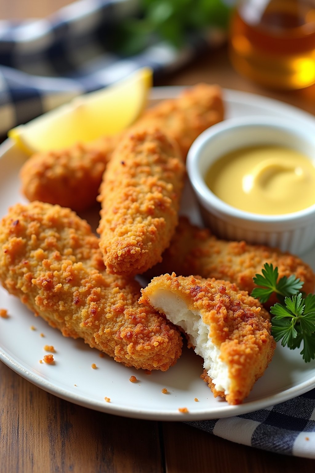 A plate of perfectly golden crispy gluten-free chicken tenders on a white ceramic plate, showing the deeply golden crunchy cornflake coating with visible spice flecks, one tender broken in half rev...