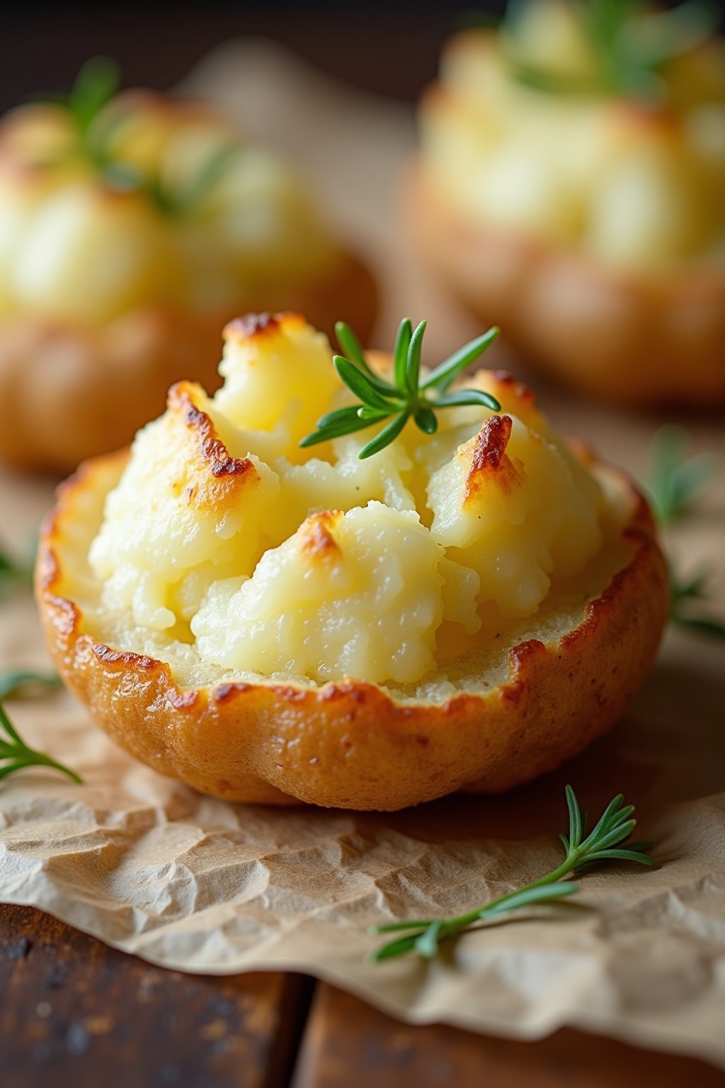Macro of a single smashed potato showing the deeply crispy golden edges with fluffy white interior visible through cracks, glistening with olive oil, on parchment paper.