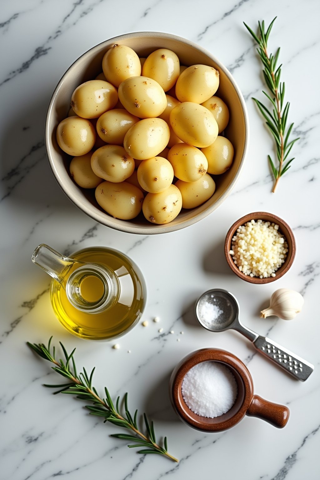 Overhead flat lay of smashed potato ingredients on a marble counter: a bowl of baby yukon gold potatoes, a glass cruet of olive oil, a wooden bowl of kosher salt, fresh rosemary and thyme sprigs, a...