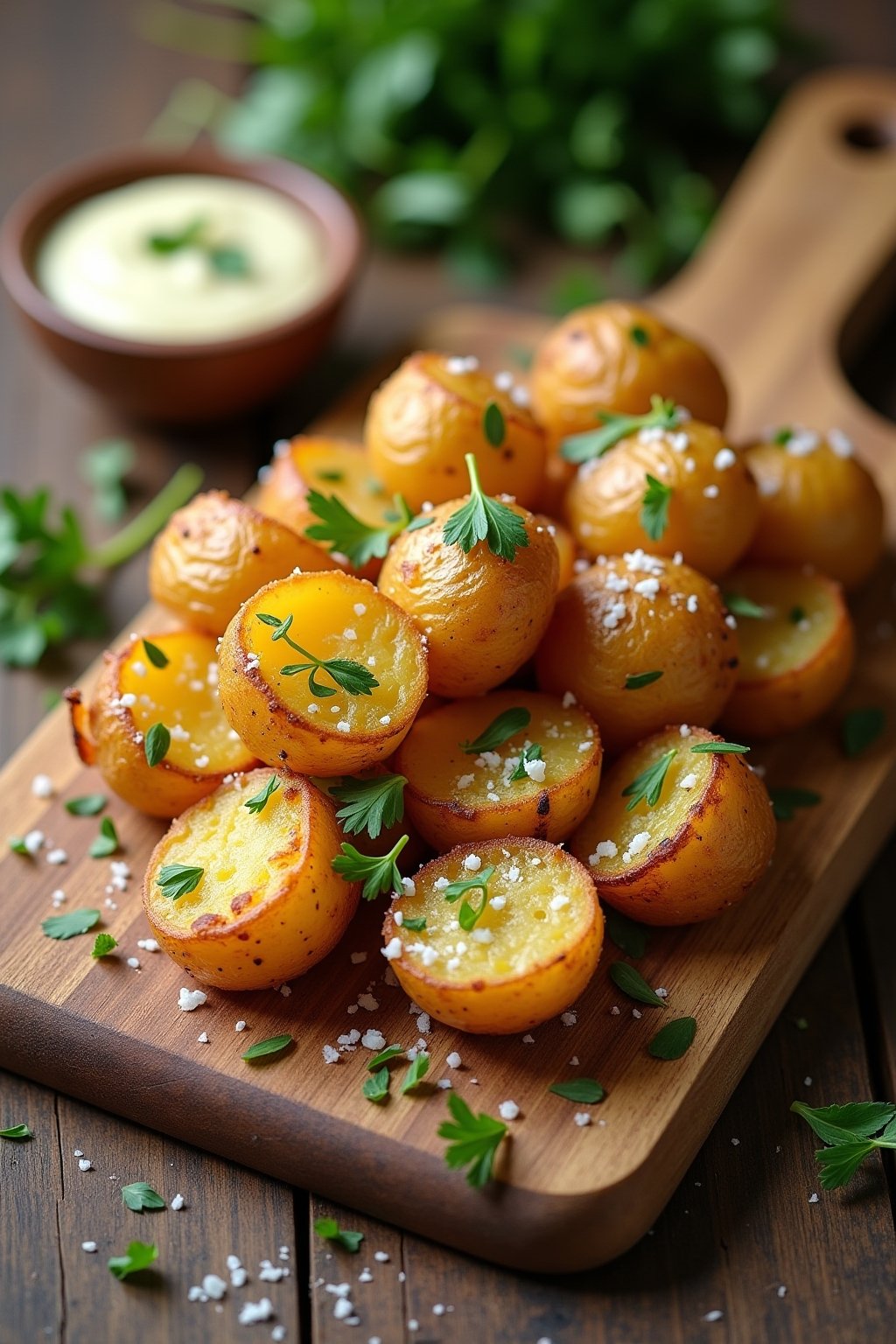 A platter of crispy smashed baby potatoes with deeply golden craggy edges, sprinkled with fresh parsley, flaky sea salt, and grated parmesan, on a wooden cutting board with a small bowl of garlic a...