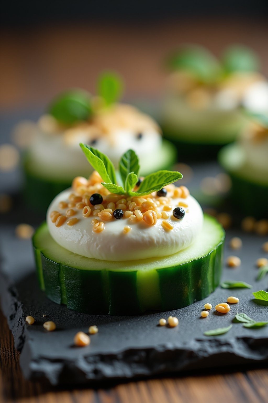 Macro of a single cucumber round bite showing layers — green cucumber, thick white cream cheese, golden sesame and black poppy seeds on top, on a slate or dark plate.