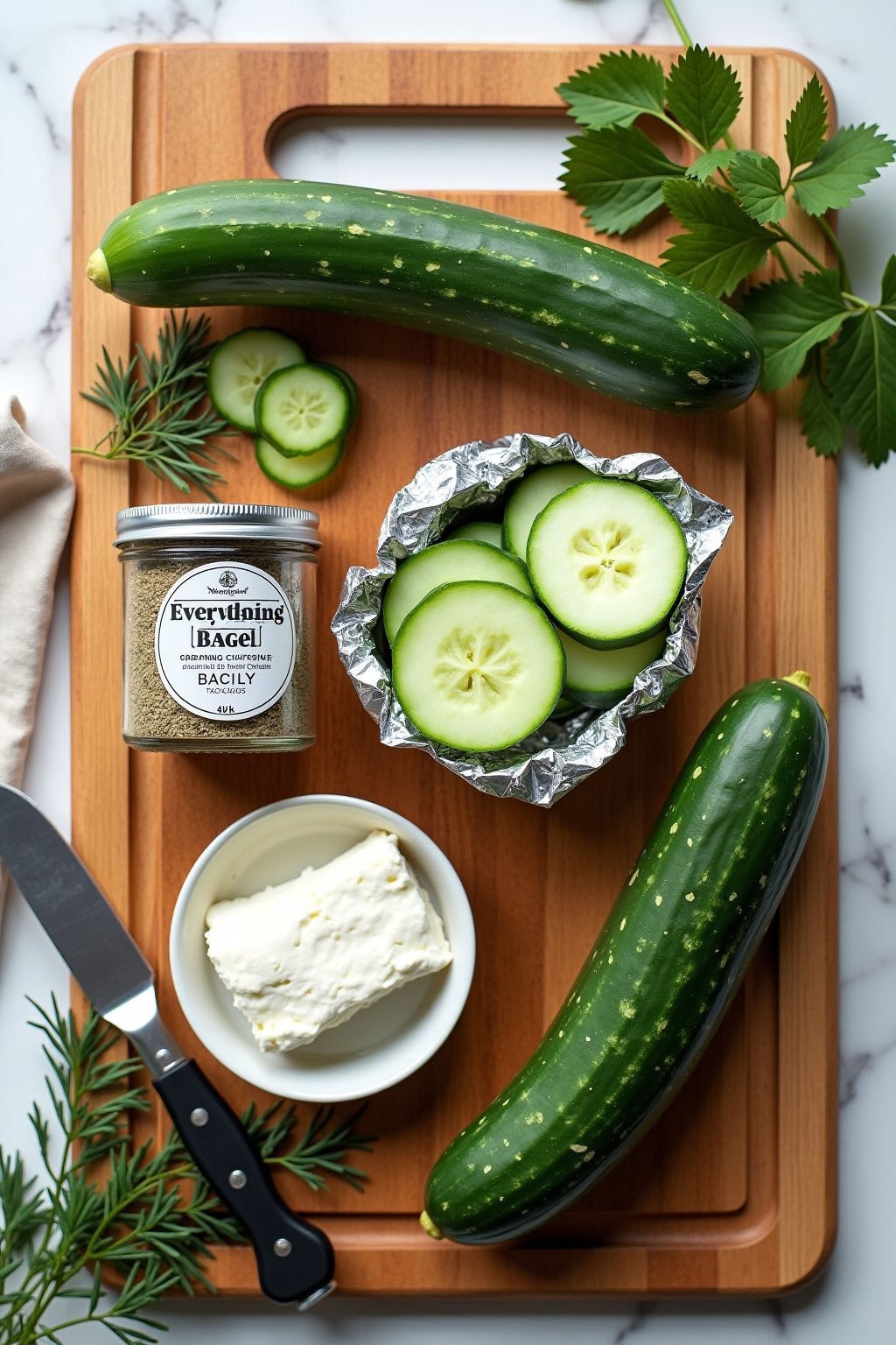 Overhead flat lay of cucumber snack ingredients on a wooden cutting board: an english cucumber whole and partially sliced, a small block of cream cheese in foil, a glass jar of everything bagel sea...