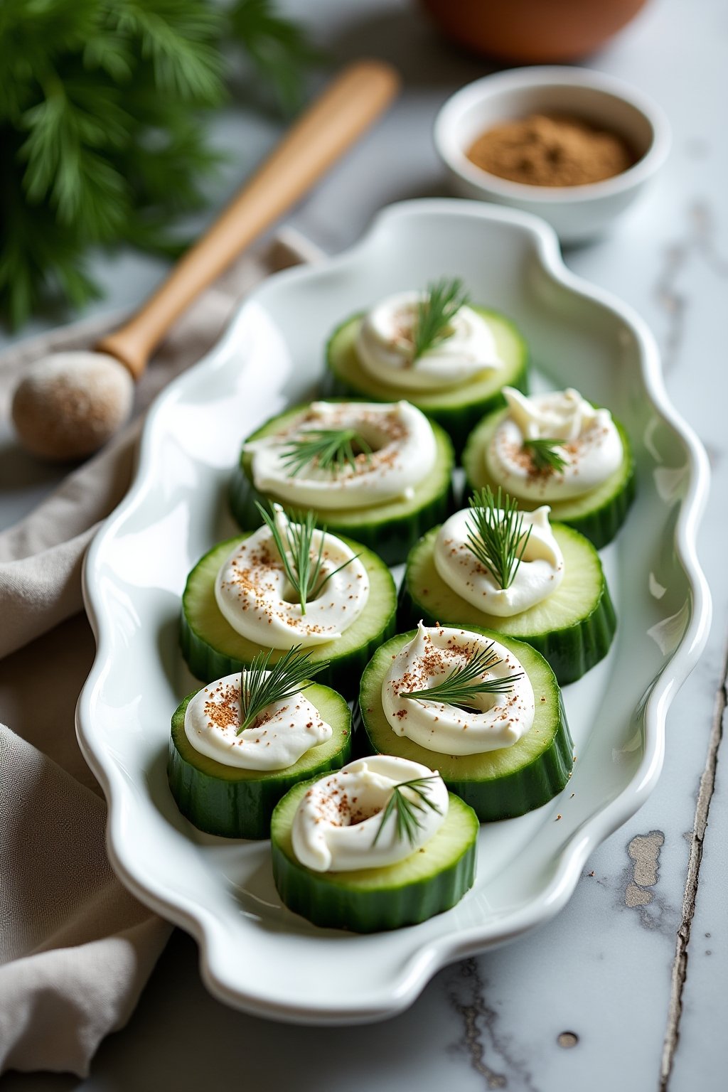 A white ceramic platter of cucumber rounds topped with thick swirls of cream cheese and a generous sprinkle of everything bagel seasoning, garnished with fresh dill, on a marble counter with a smal...