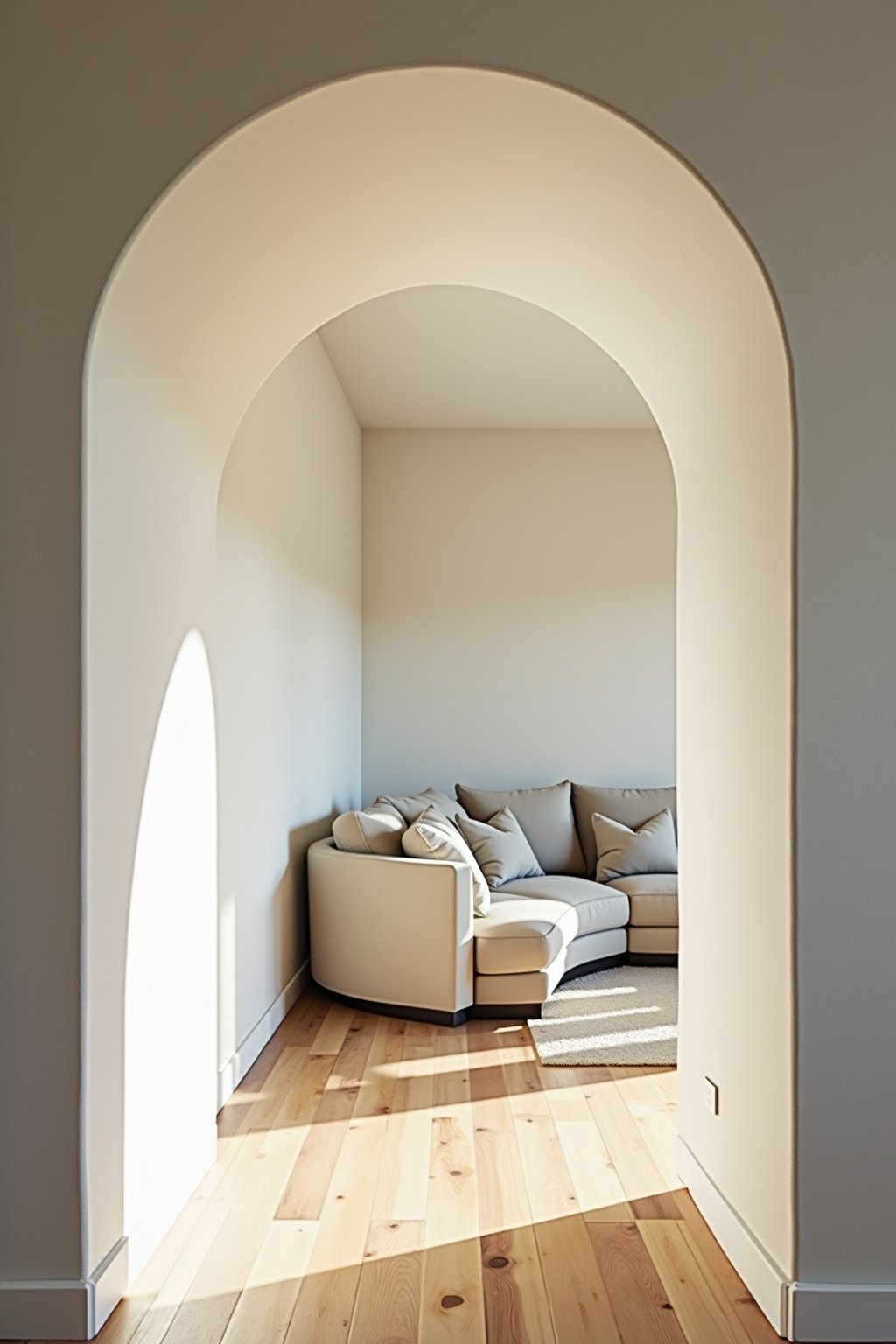 A of a diy arched doorway between rooms showing smooth plaster finish