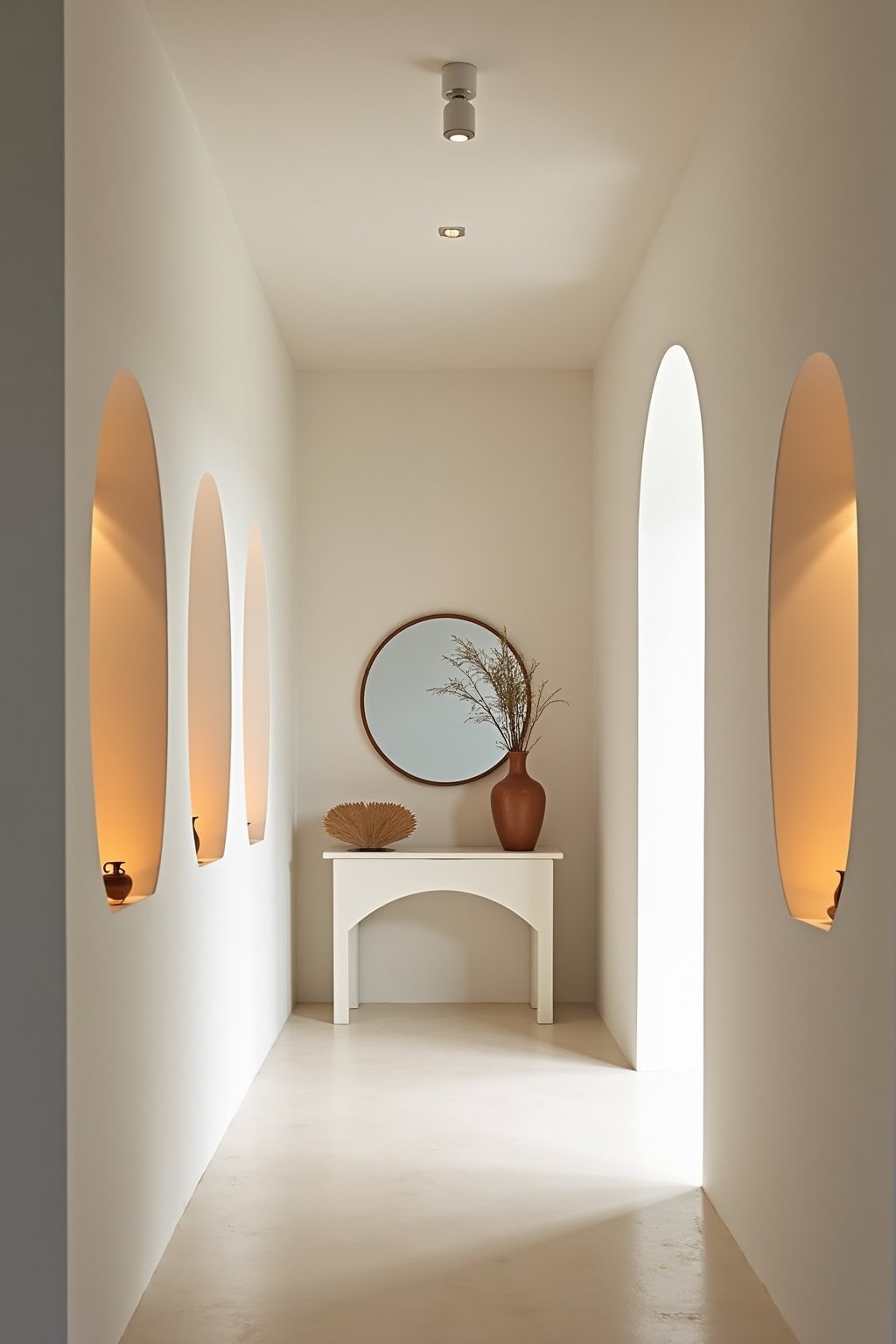 A hallway with three small curved plaster niches in the wall