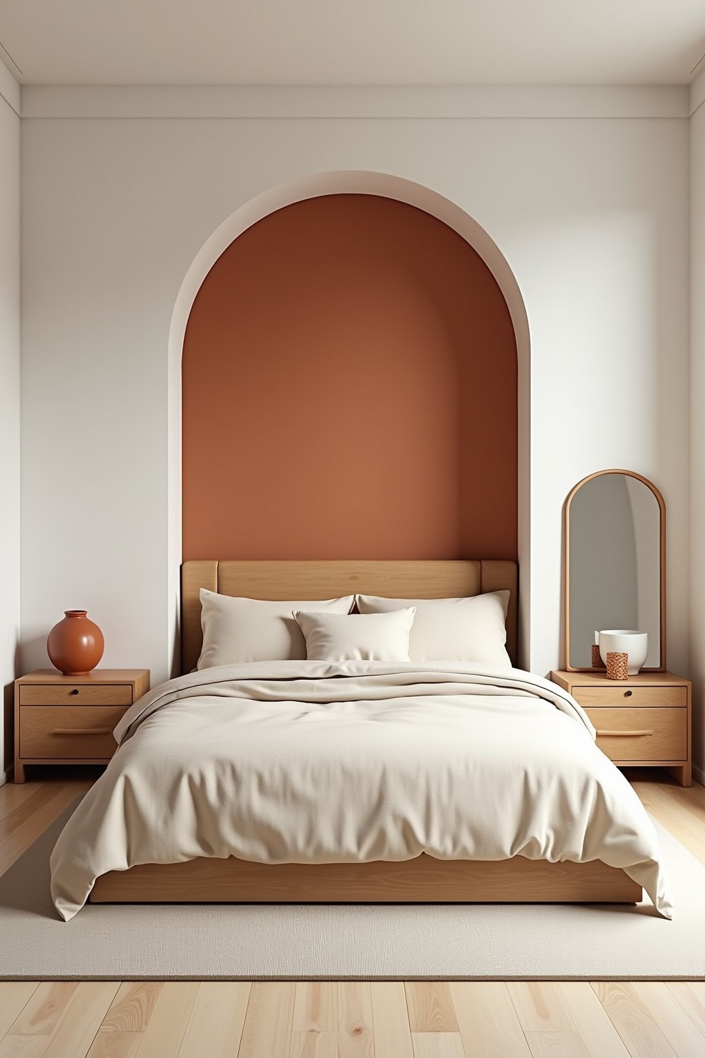 A bright modern bedroom with a large painted terracotta arch behind the bed on a white wall