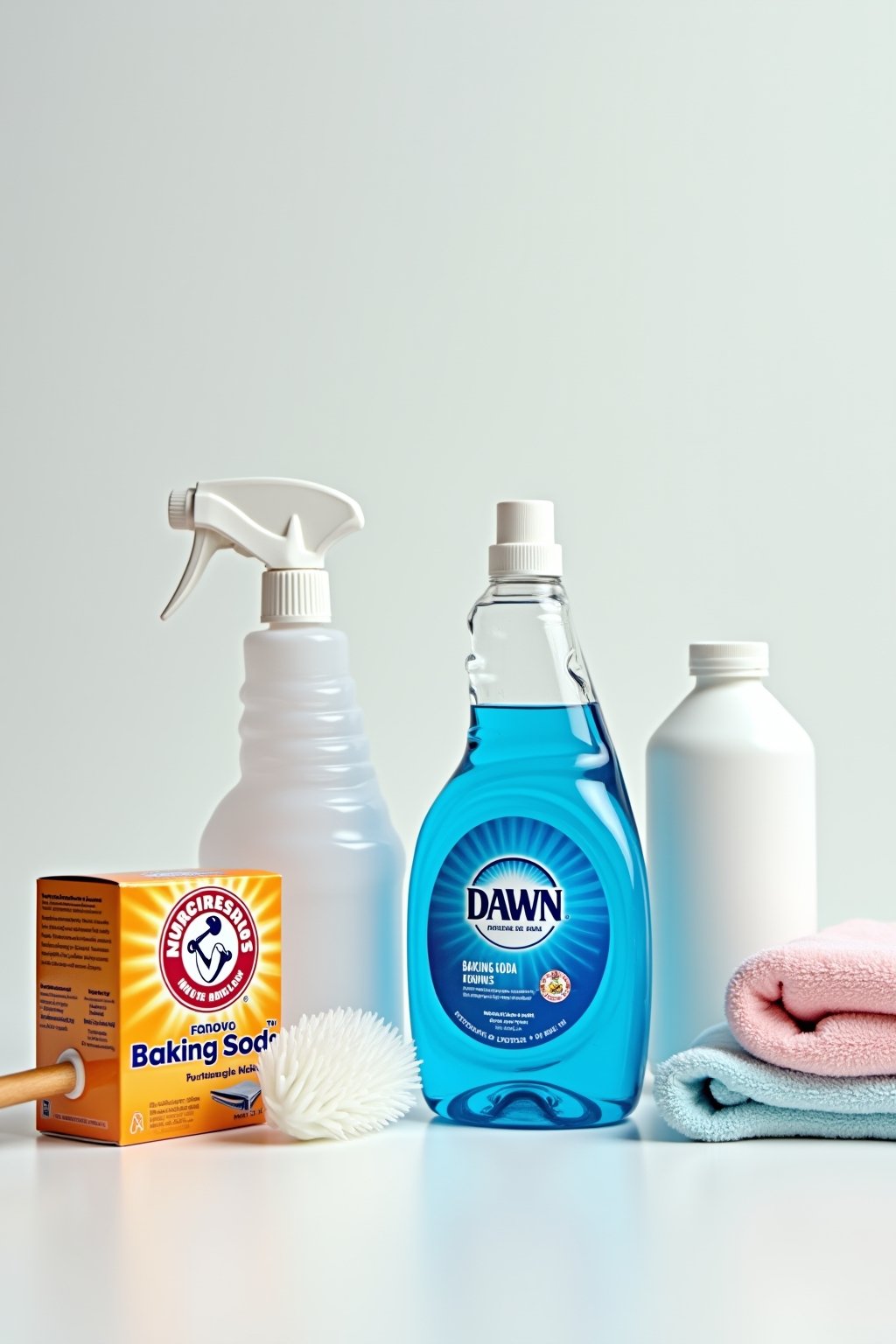 Close-up of dawn dish soap bottle next to cleaning supplies on a clean white surface