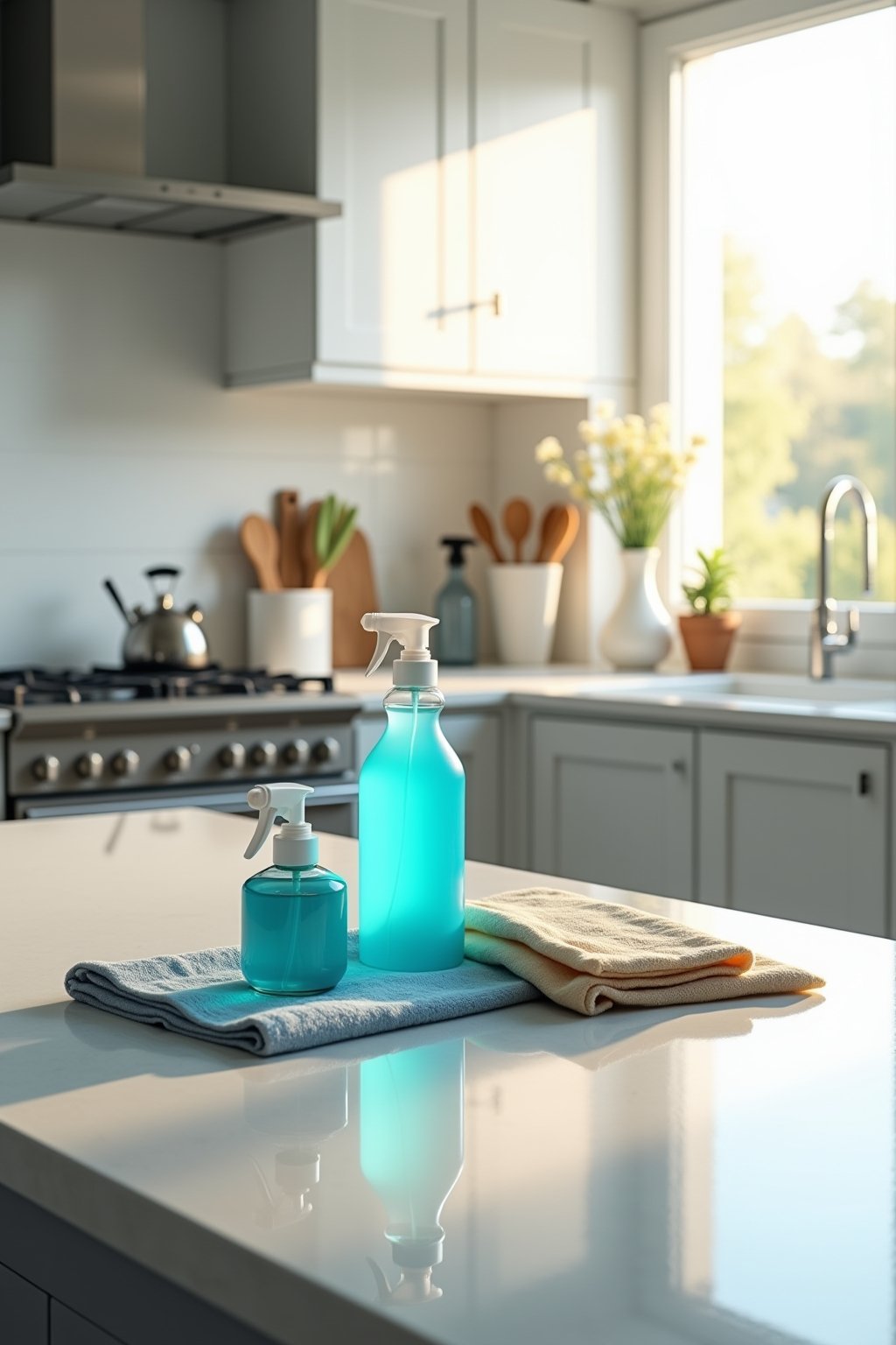 Wide shot of a bright clean kitchen countertop with a blue bottle of dish soap in the center surrounded by natural cleaning s