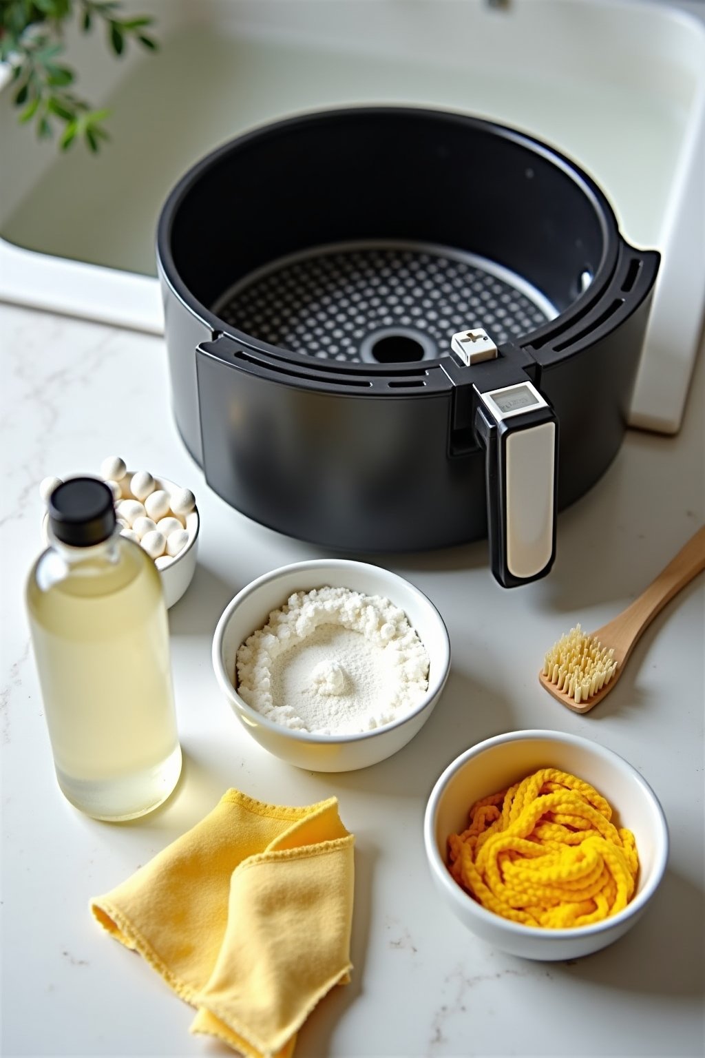 Close-up of air fryer cleaning supplies arranged on a clean counter