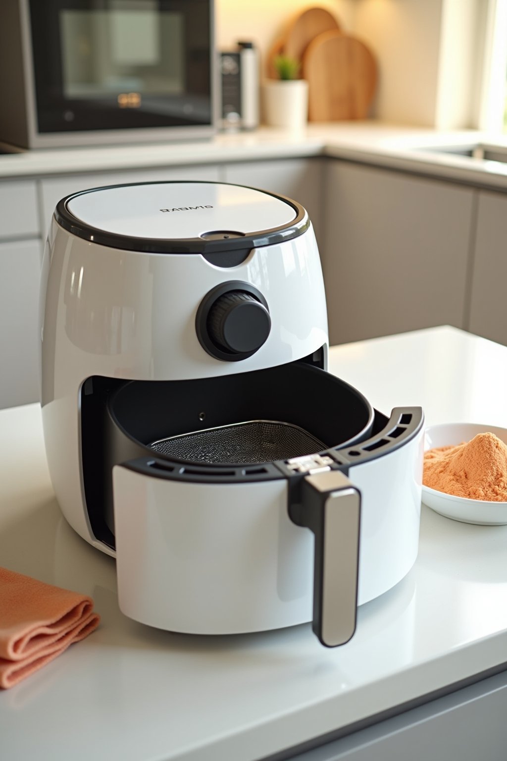 A modern kitchen countertop with a clean sleek air fryer as the hero object