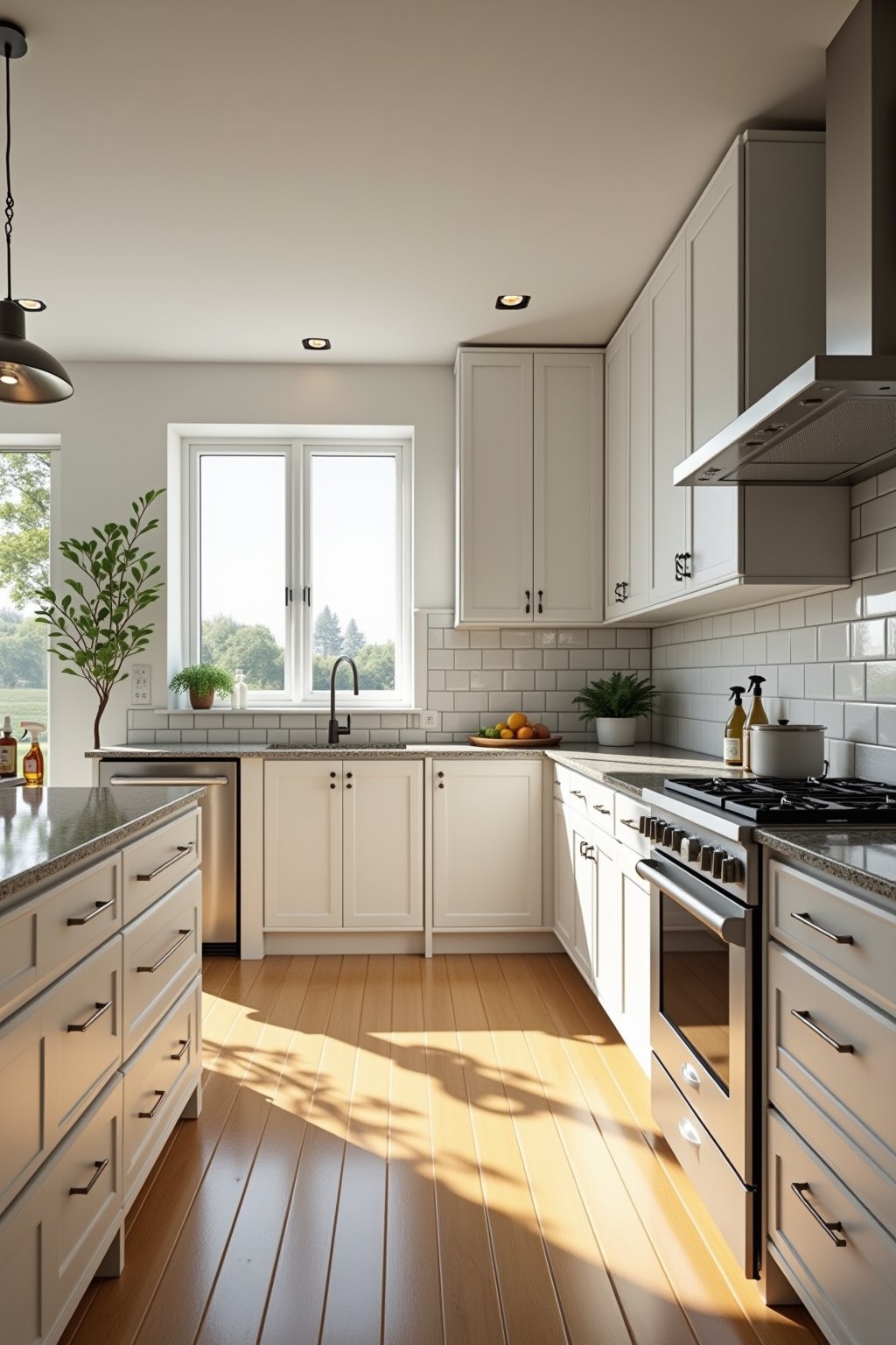 Wide shot of a bright modern kitchen with various surface types visible: granite countertops