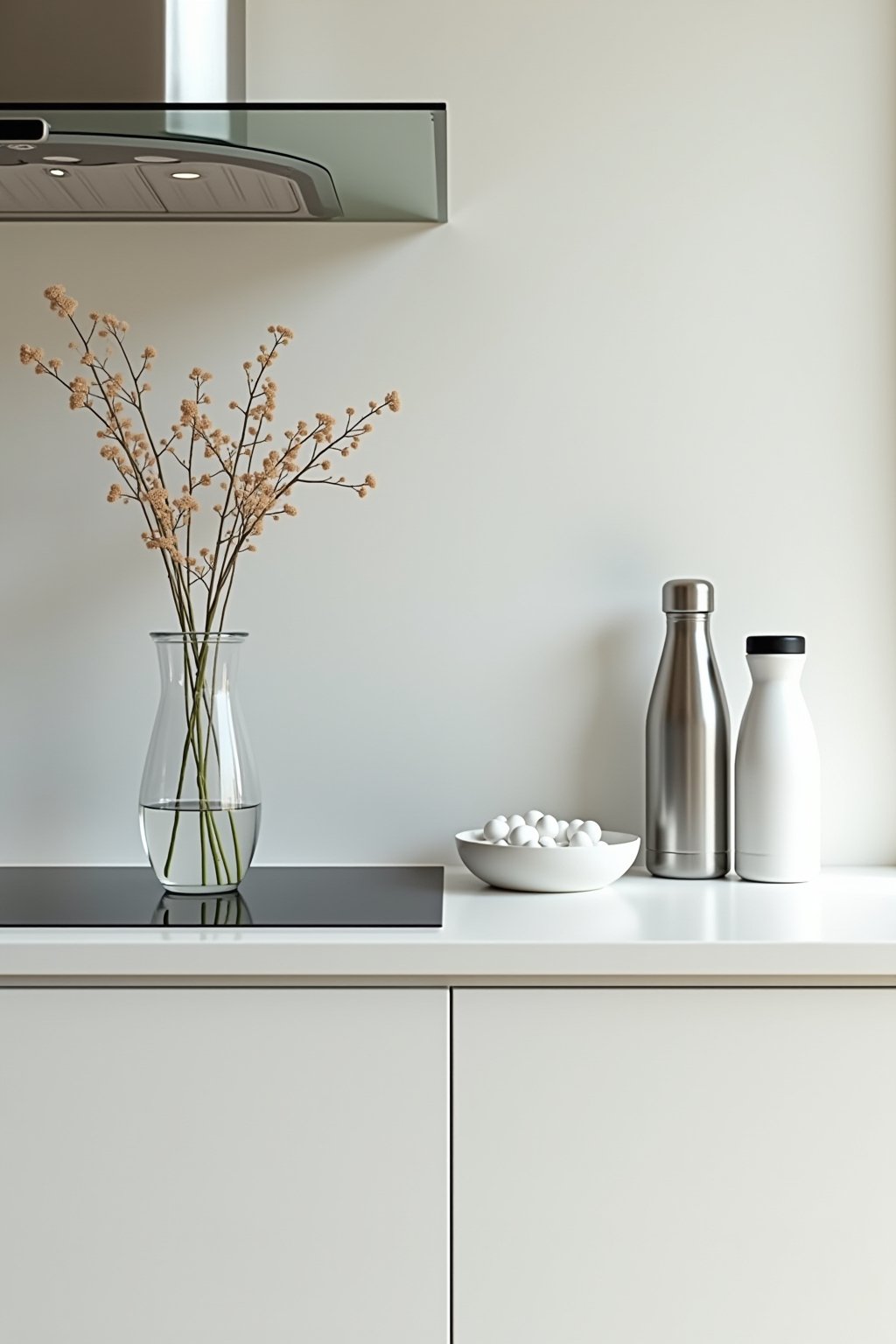Wide shot of a bright clean kitchen counter with glass vase