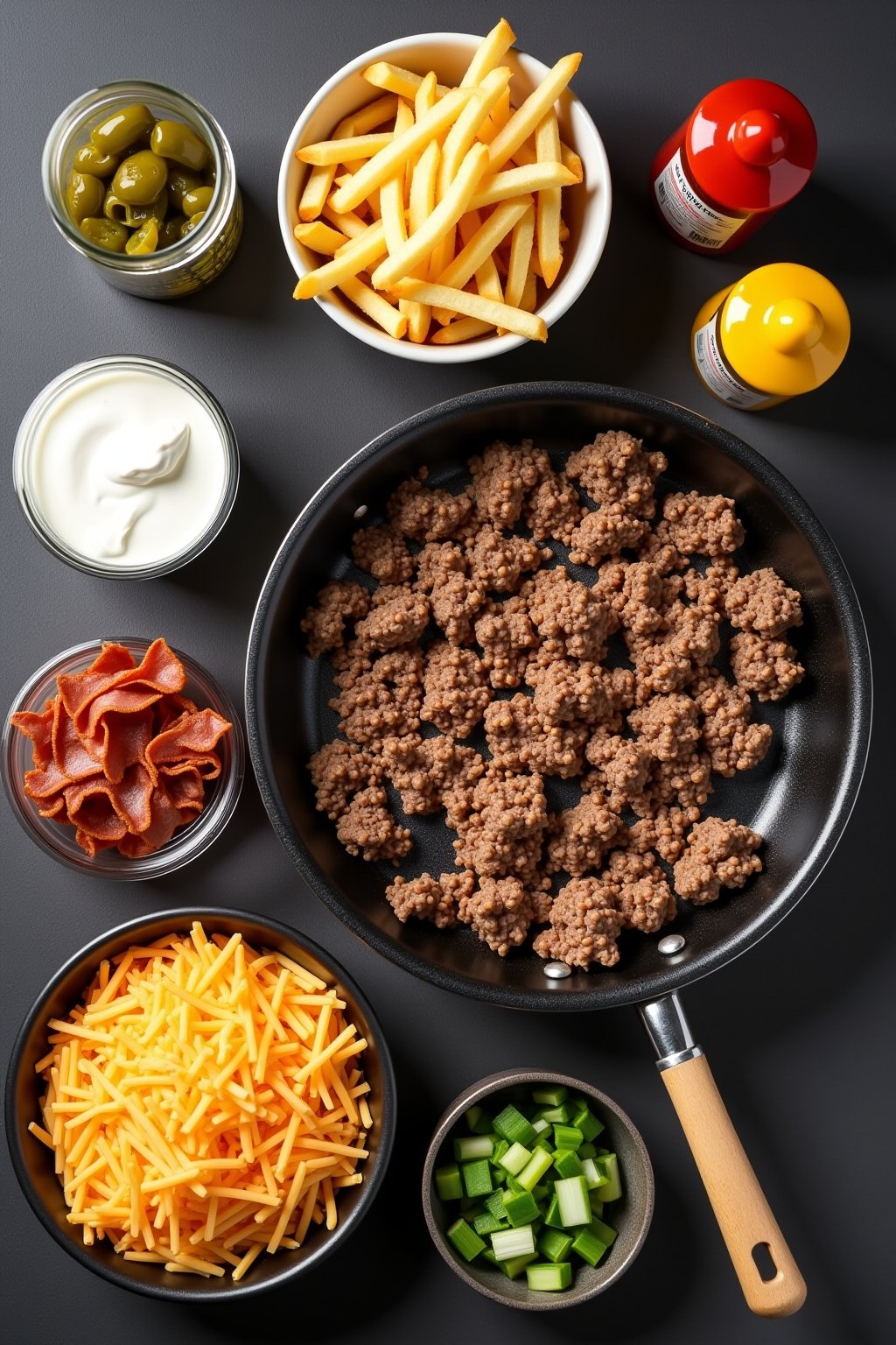 Overhead flat lay of dirty fries topping ingredients arranged neatly: a bowl of frozen crinkle-cut fries, seasoned ground beef in a skillet, crispy bacon strips, shredded cheddar cheese, pickled ja...