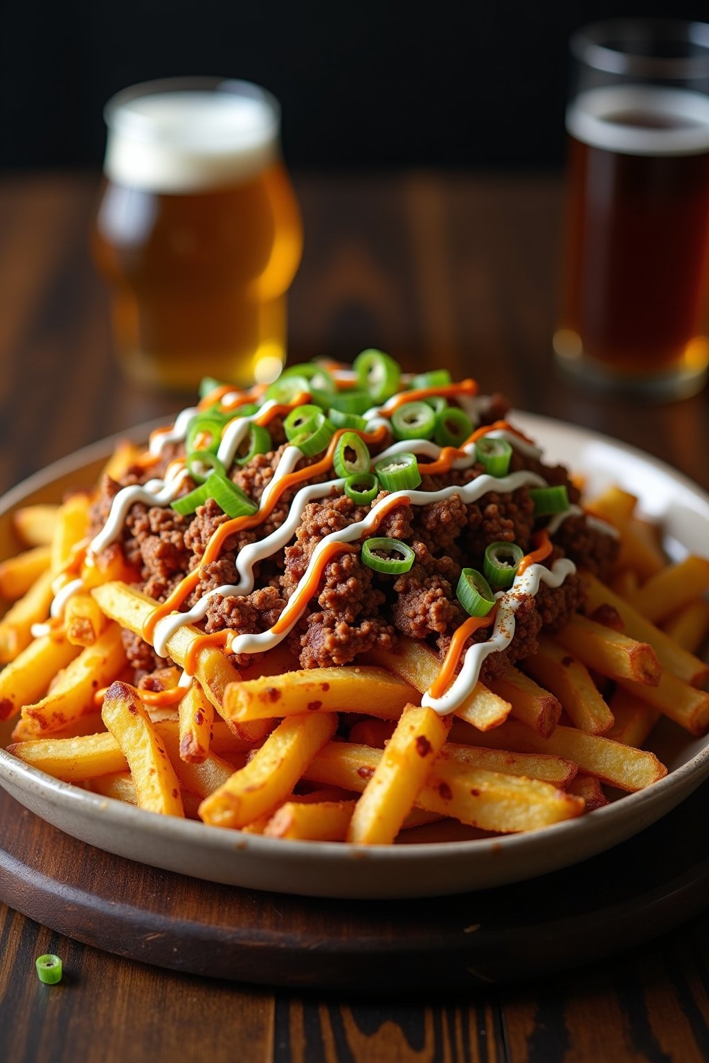 A massive plate of dirty fries in the air fryer, golden crispy crinkle-cut fries piled high and loaded with melted cheddar cheese, crumbled crispy bacon, seasoned ground beef crumbles, pickled jala...