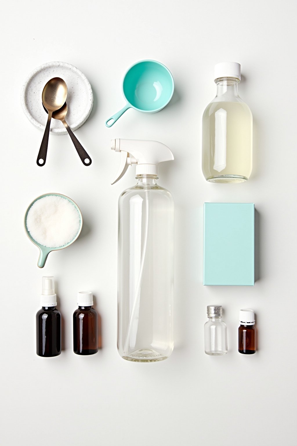 Overhead flat lay of diy cleaner ingredients on a clean white surface