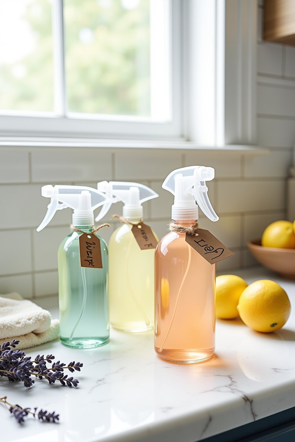 Three beautiful glass spray bottles with homemade cleaning solutions on a clean white marble kitchen countertop
