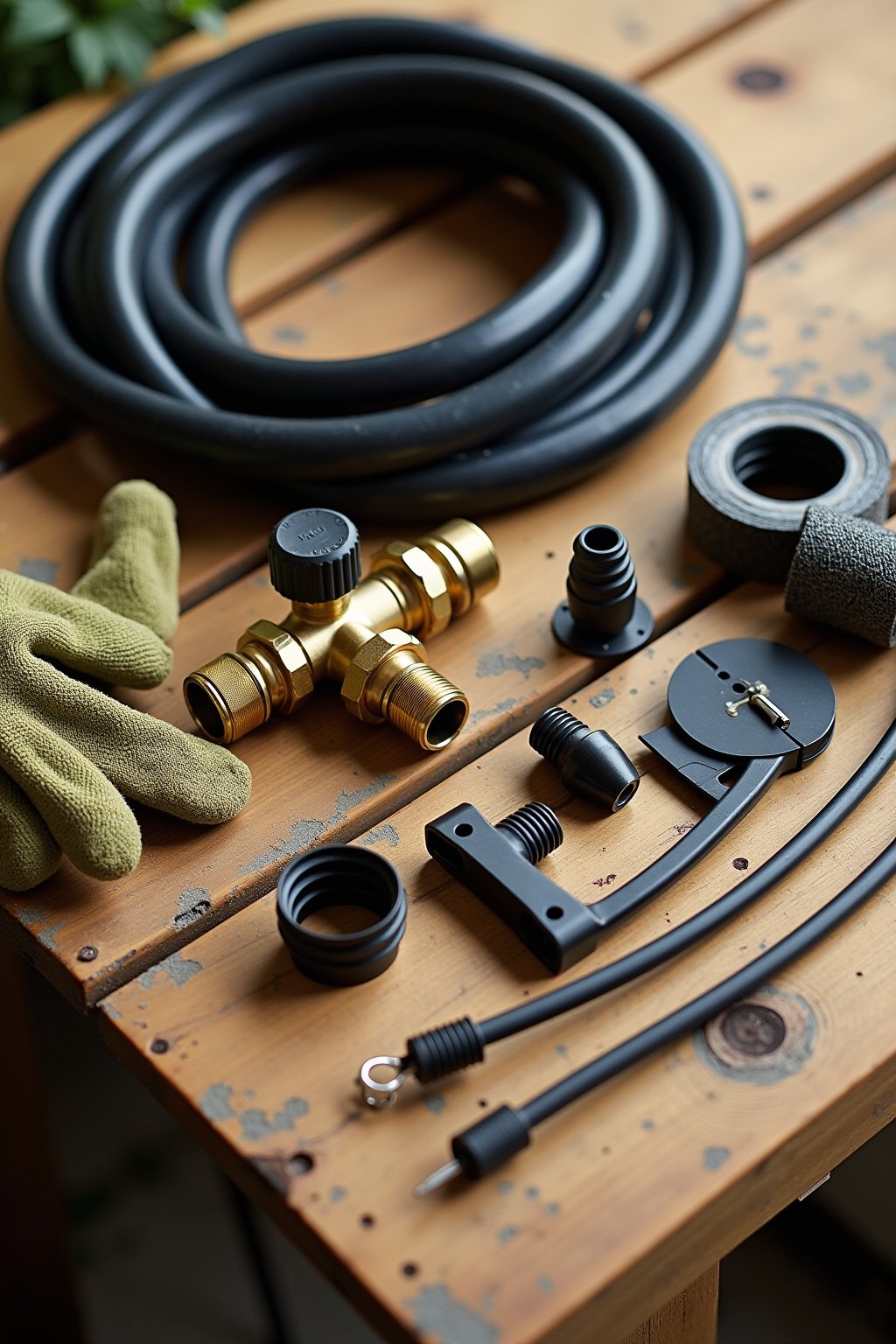 Close-up detail of drip irrigation components laid out on a weathered wooden workbench: black poly tubing coil, brass pressure regulator, mesh inline filter, barbed tee connectors, drip emitters, a...