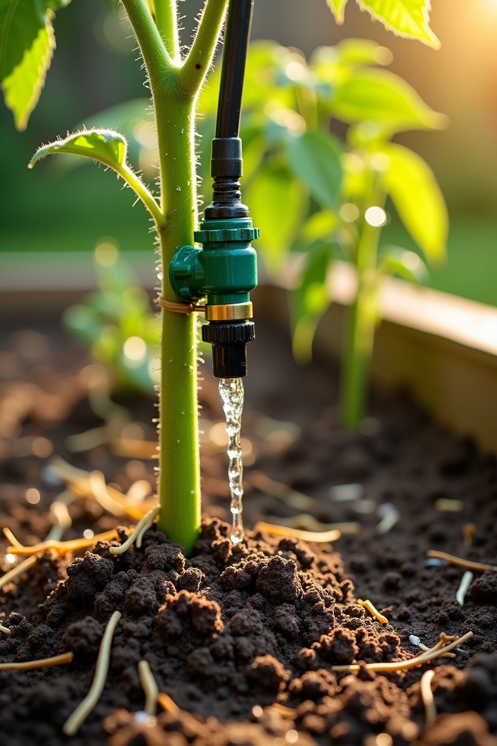 A close-up of water dripping from a drip emitter onto dark rich soil at the base of a bright green tomato plant in a raised bed, water droplets glistening in warm sunlight, straw mulch around the b...