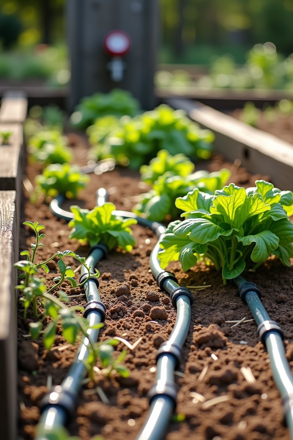 A neat row of wooden raised garden beds with visible drip irrigation tubing running in parallel rows on the soil surface, lush green tomato plants and lettuce growing alongside the drip lines, wate...