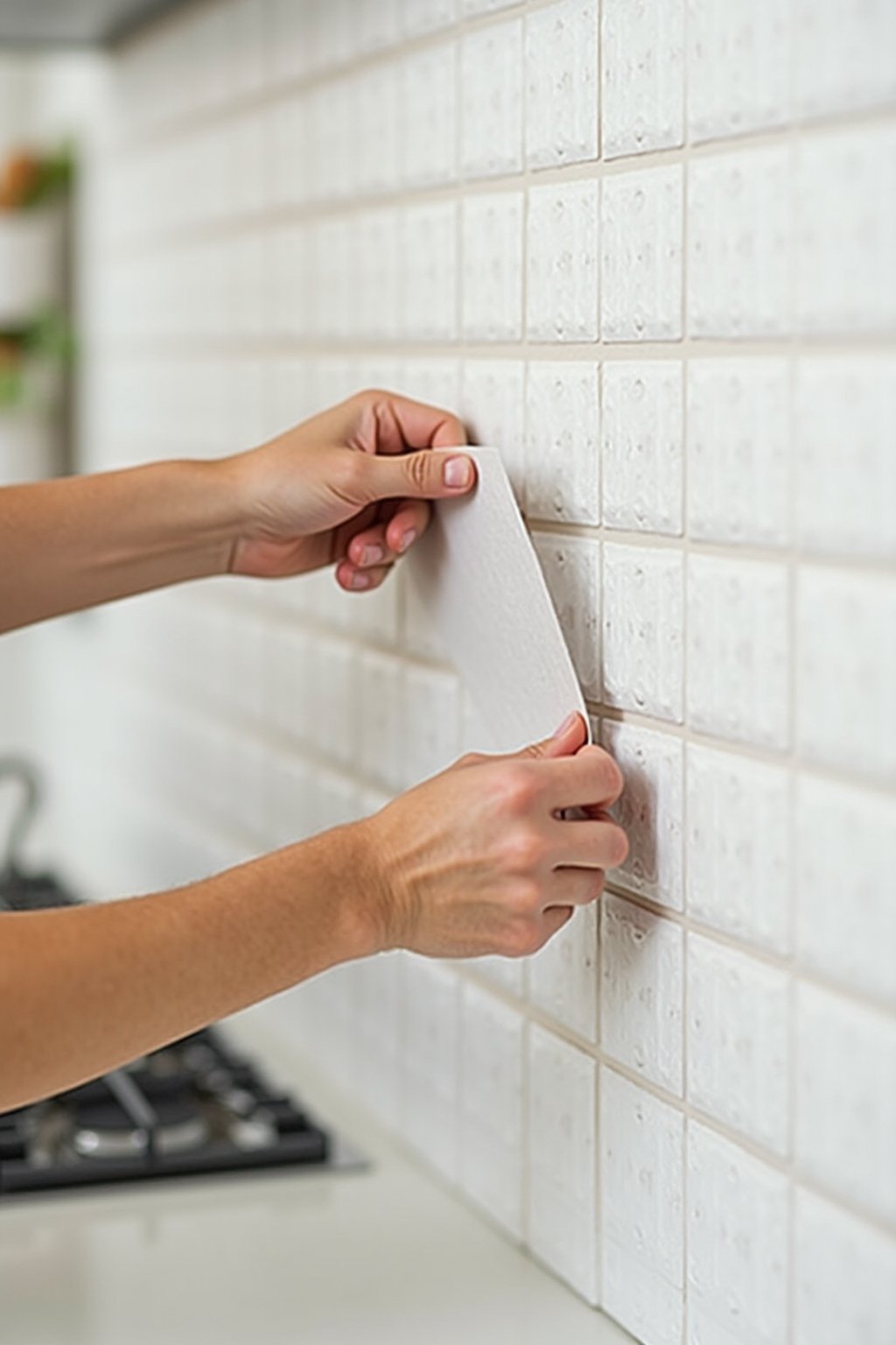Close-up of hands pressing a peel-and-stick tile onto a kitchen wall