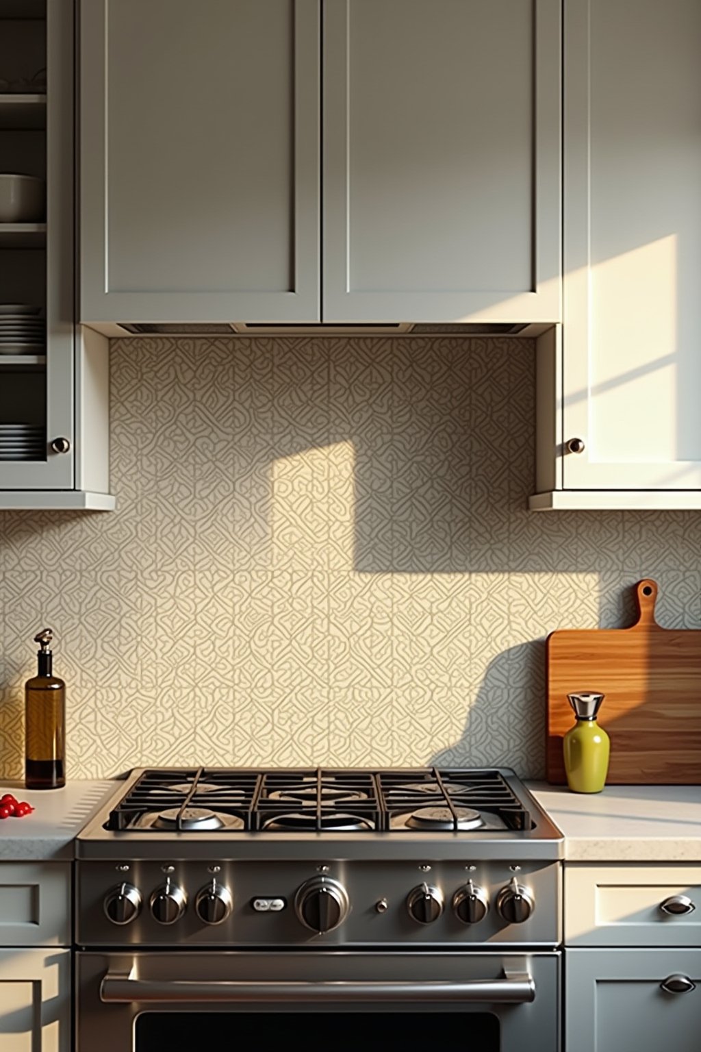 A kitchen backsplash with moroccan pattern peel-and-stick tile behind the stove area